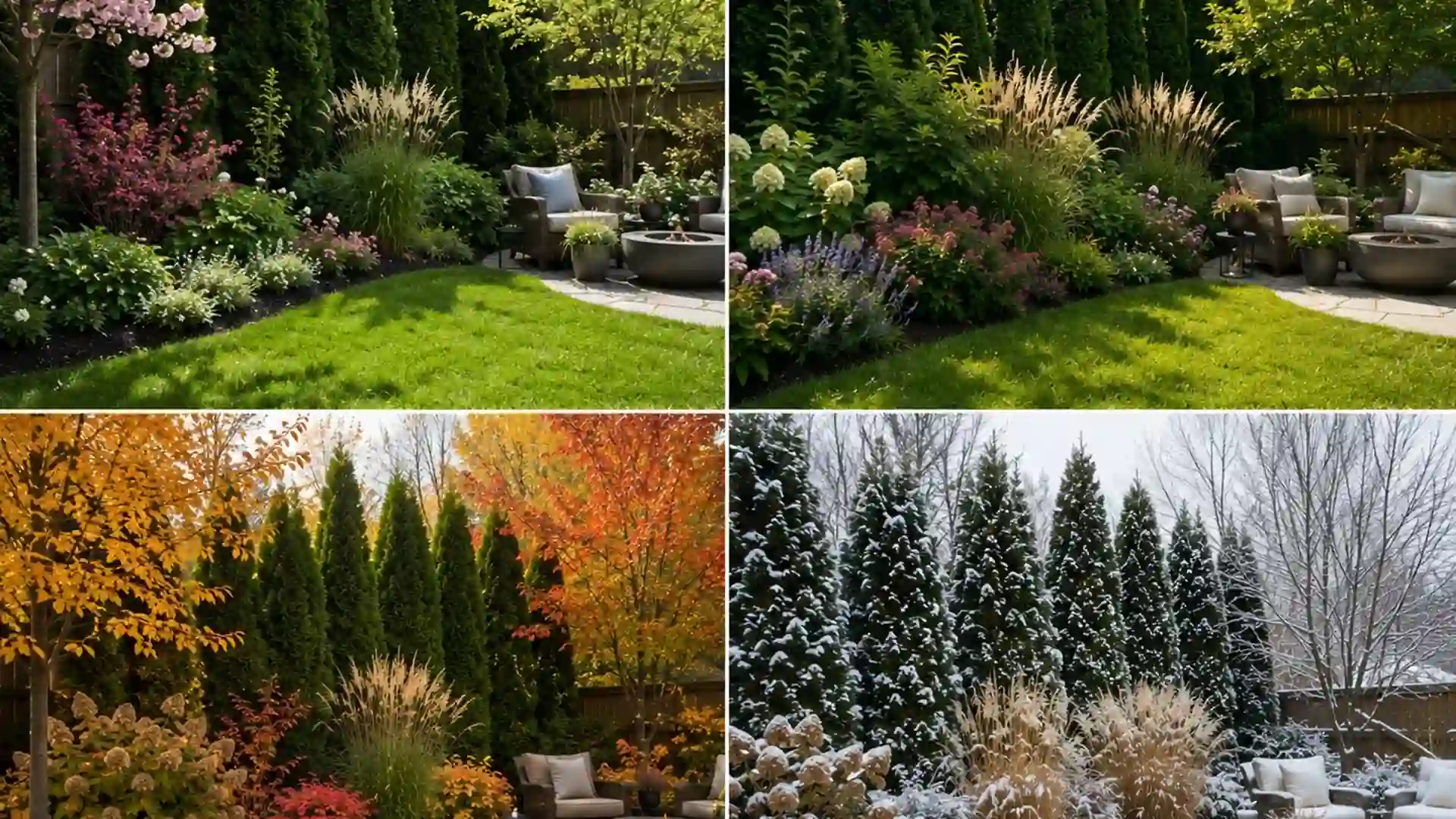 four-season backyard garden with evergreen trees, flowering shrubs, grasses, and snowy winter landscape views