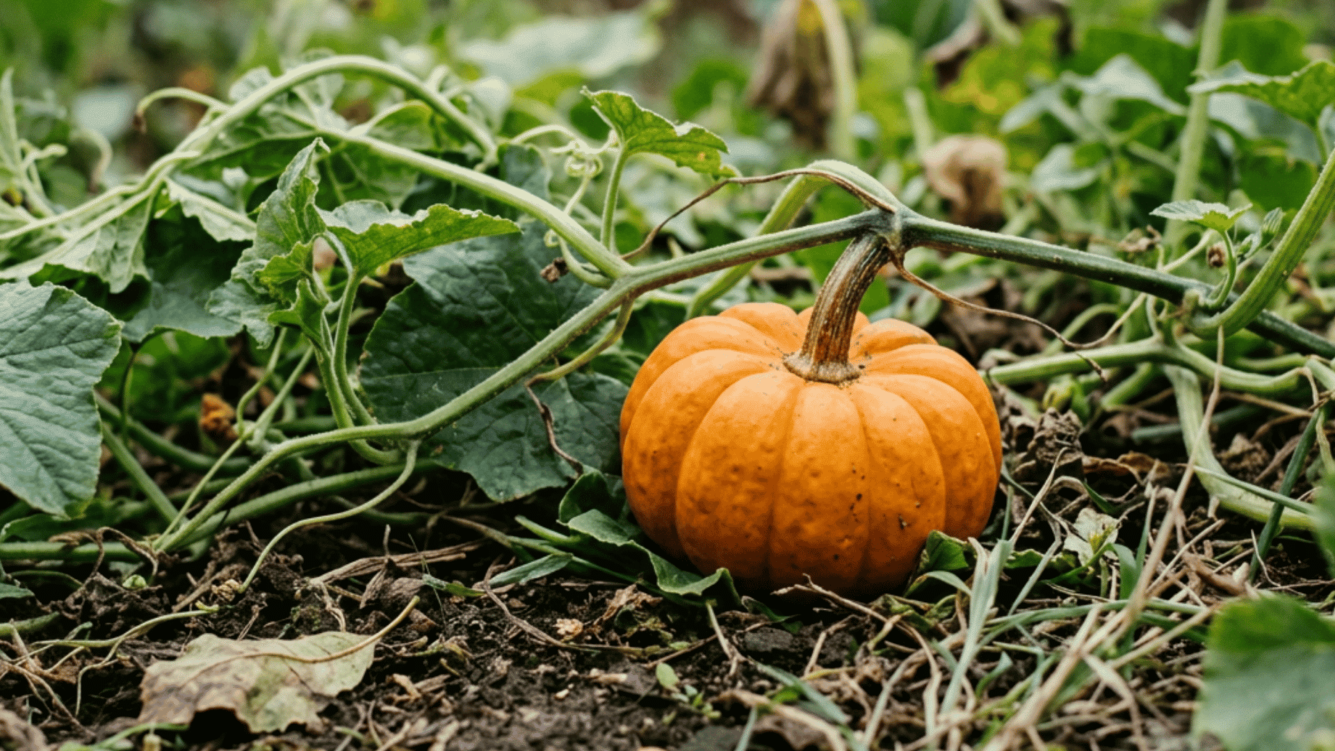 munchkin pumpkin growing on dark garden soil surrounded by green vines curling tendrils