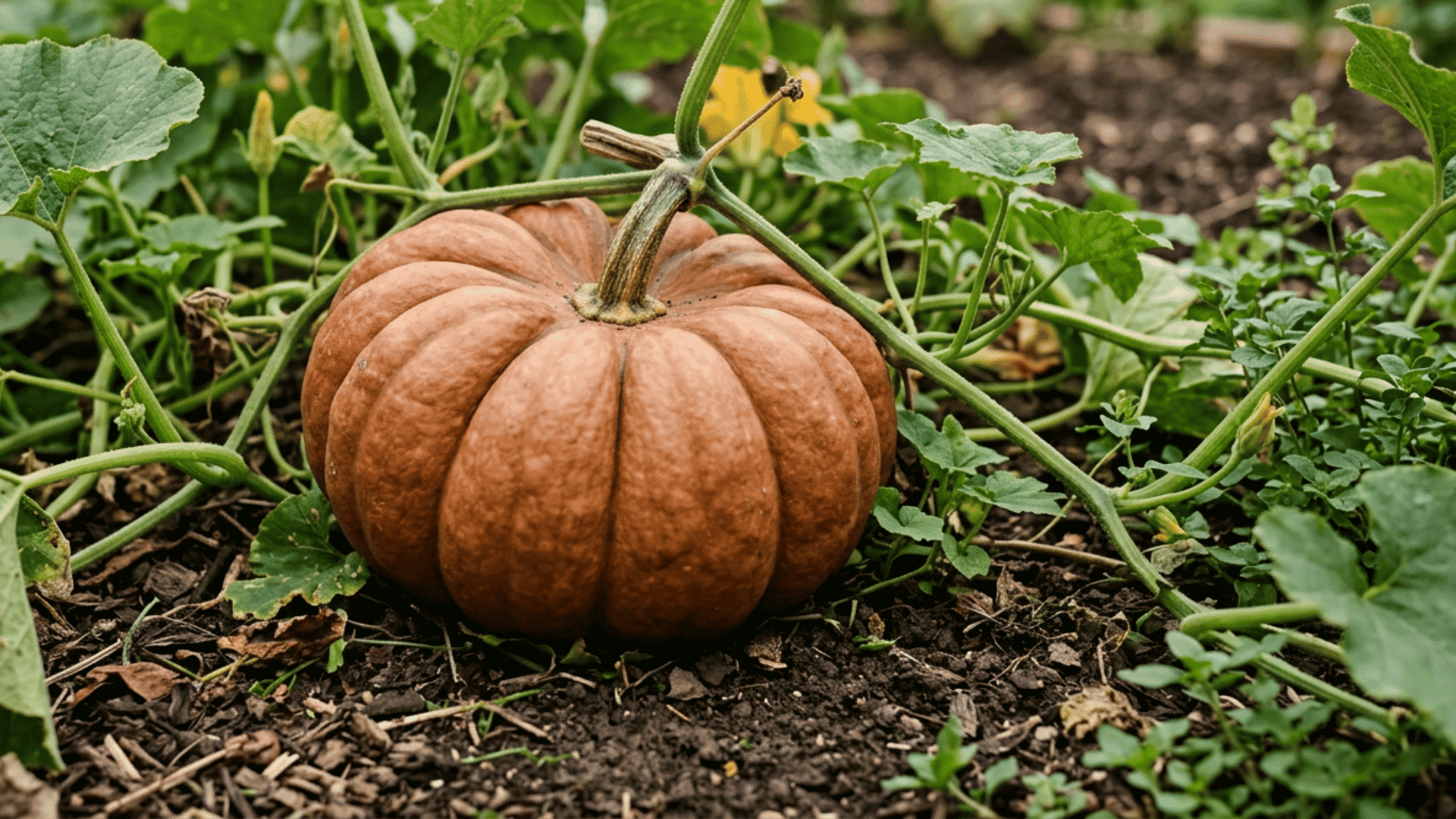 musquée de provence pumpkin growing on dark garden soil surrounded by green vines curling tendrils and broad leaves