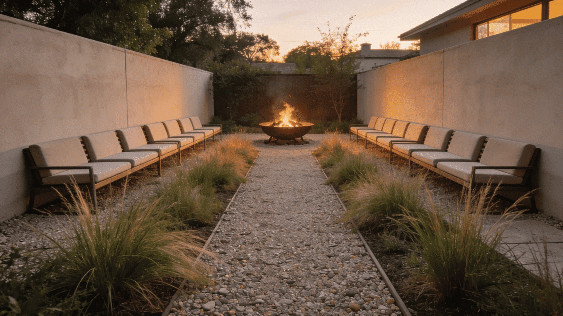 Narrow garden fire pit with two long rows of cushioned benches and soft lighting at dusk.