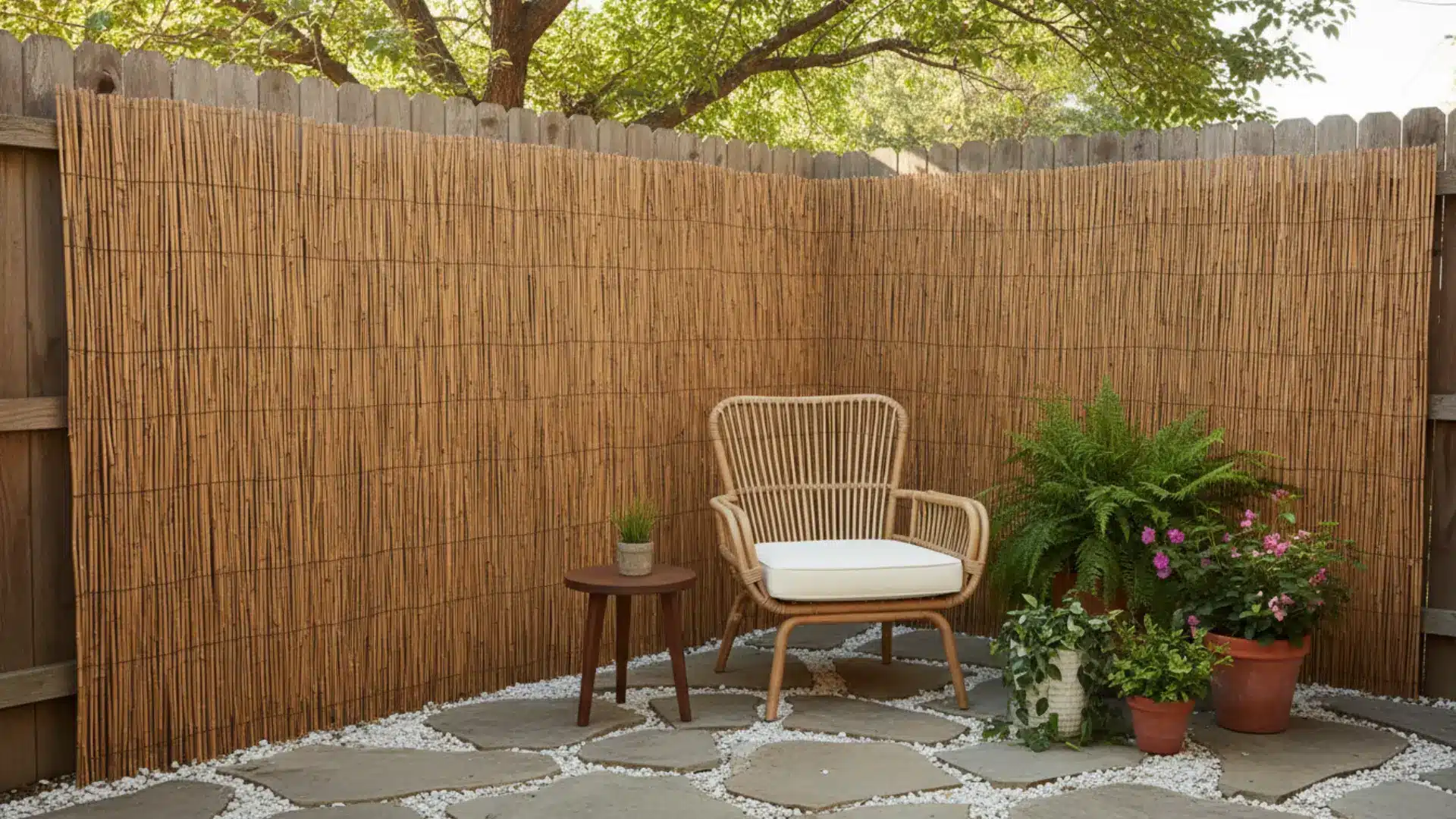 natural bamboo reed fencing panels along a fence wall creating a warm textured privacy screen on a small backyard patio with a chair and potted plants in soft daylight