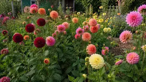natural cottage garden filled with blooming dahlias in pink, peach, burgundy, and yellow shades with lush green foliage and rustic garden pathways in soft summer sunlight