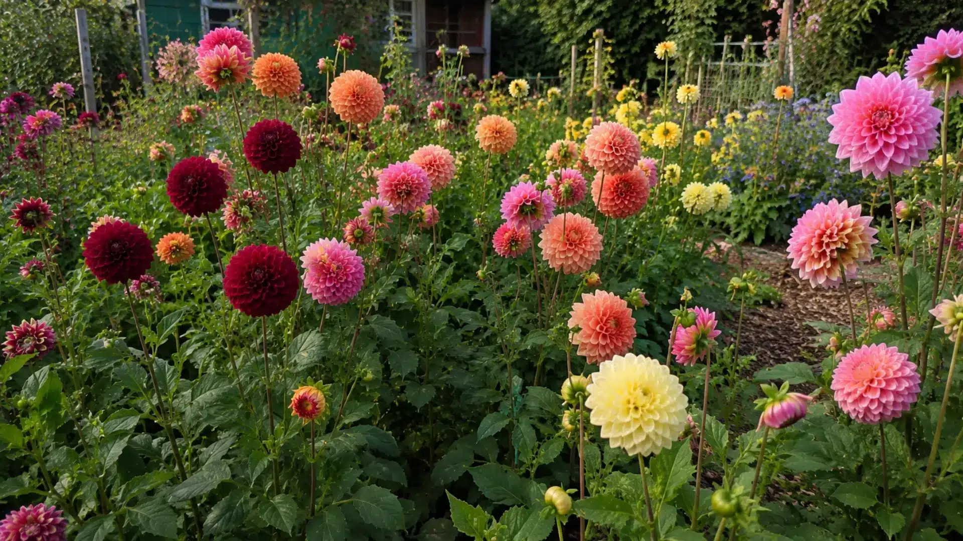 natural cottage garden filled with blooming dahlias in pink, peach, burgundy, and yellow shades with lush green foliage and rustic garden pathways in soft summer sunlight