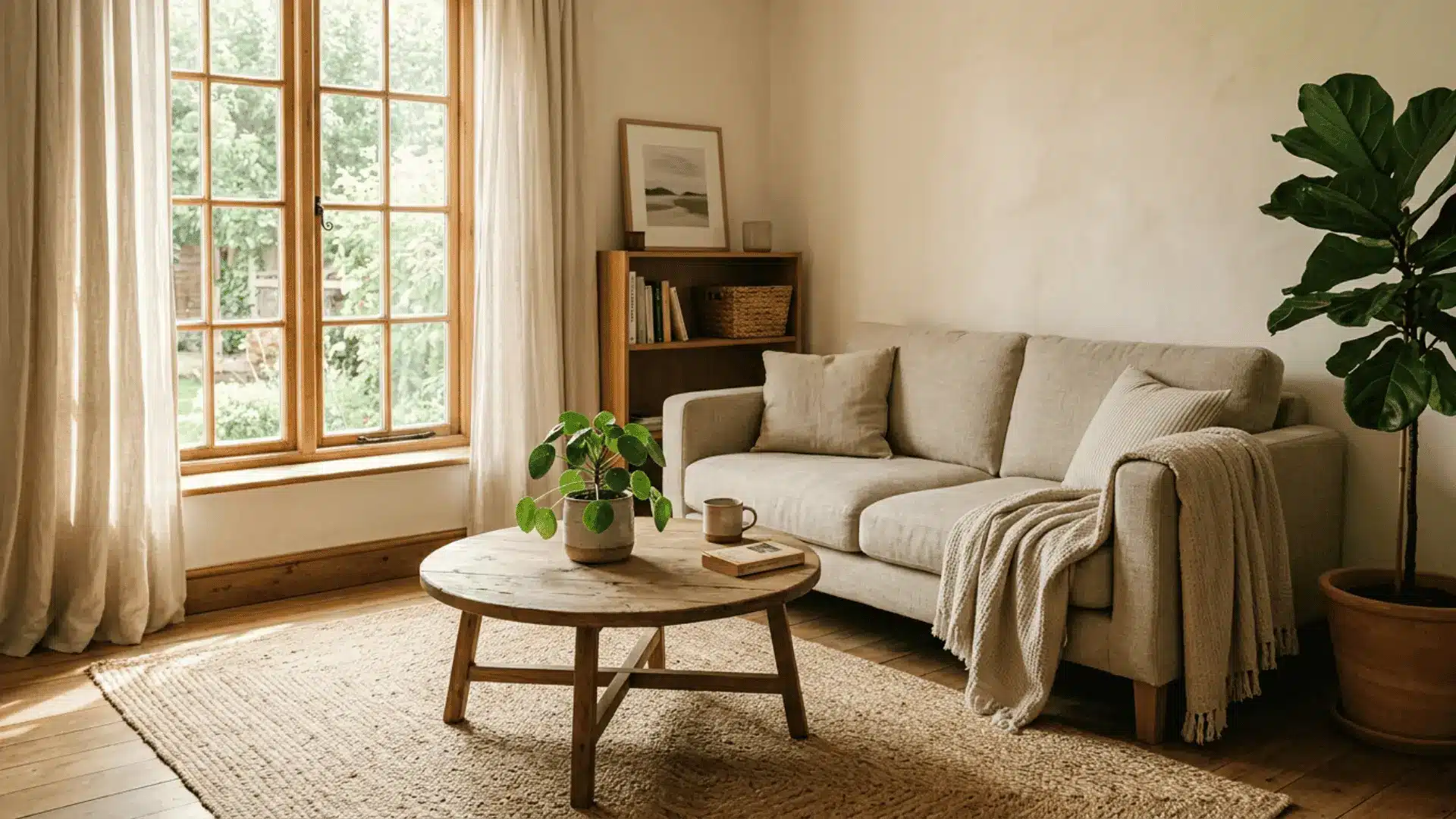 cozy living room with beige sofa wood coffee table potted plants soft curtains and garden view through tall windows