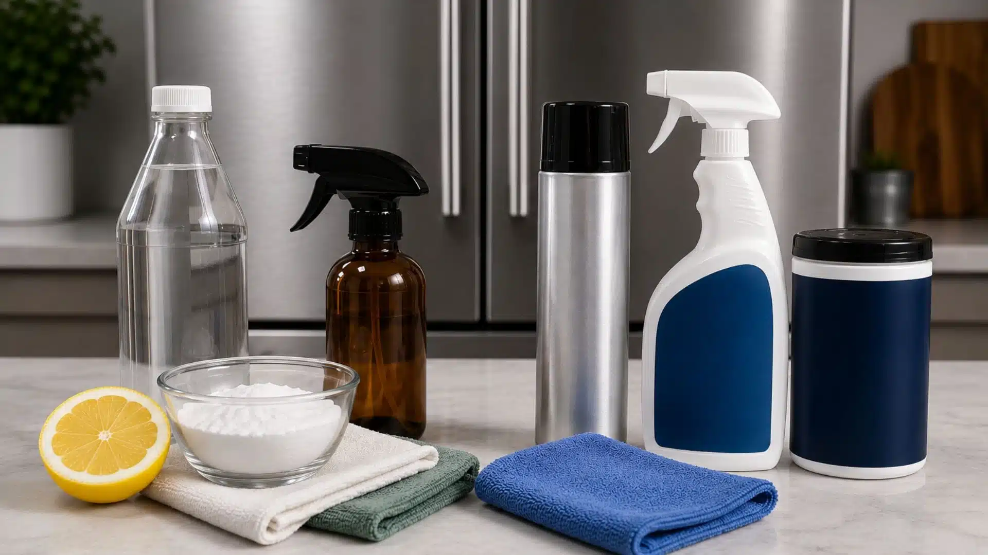 natural and commercial stainless steel cleaning materials arranged on kitchen counter beside steel refrigerator