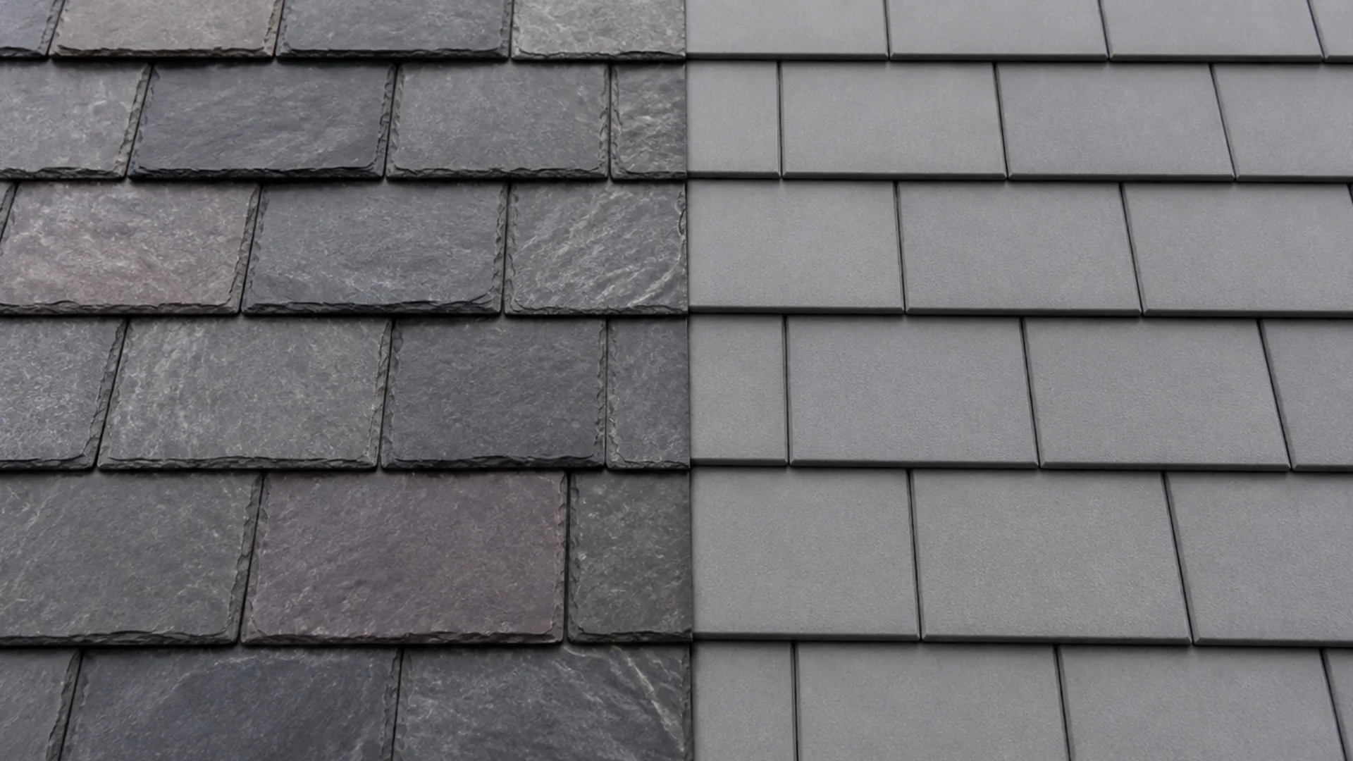 natural slate tiles beside synthetic slate tiles showing texture and color difference