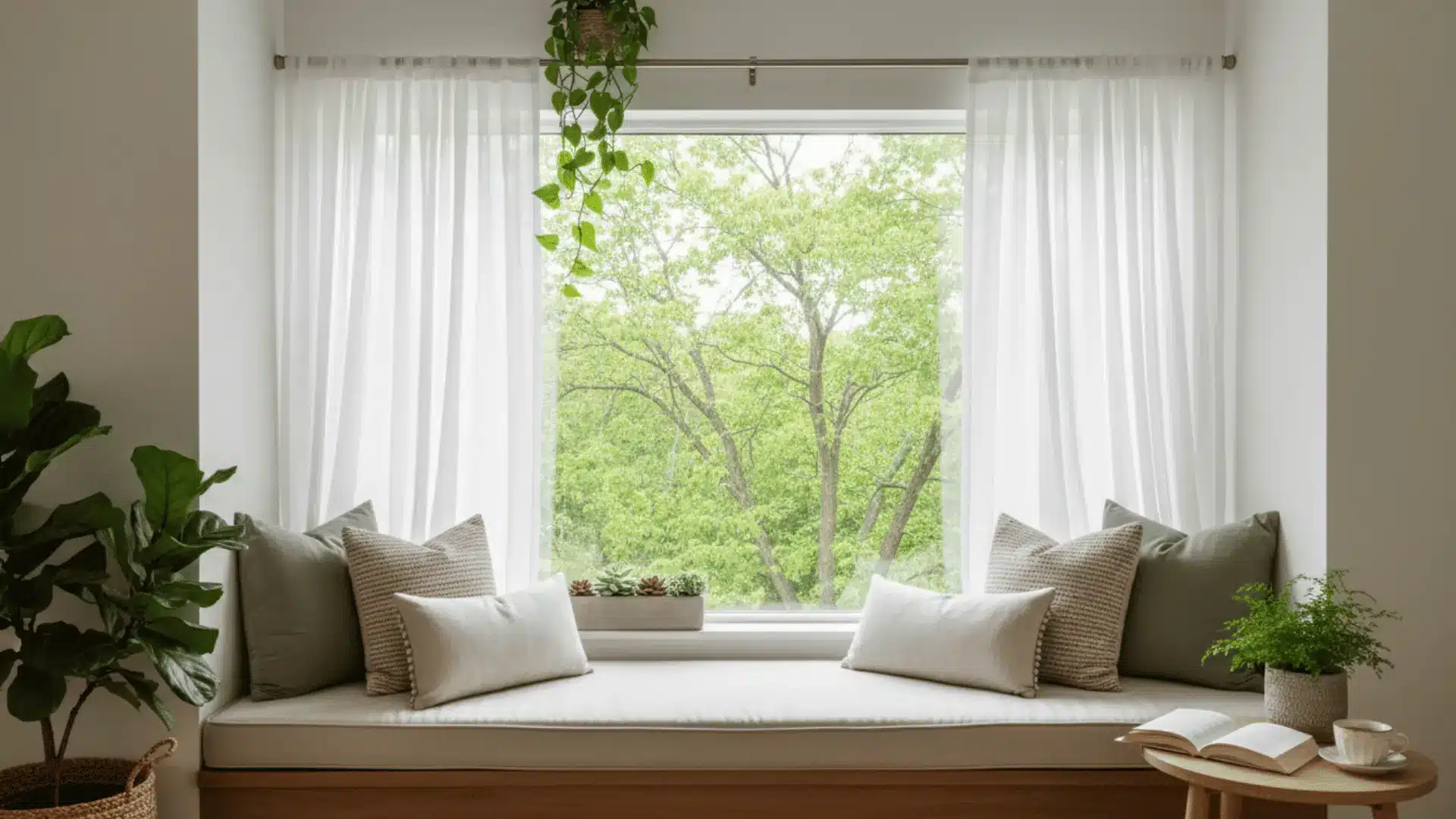 quiet window seat with soft pillows sheer curtains hanging vine and leafy tree view beside a round table with open book