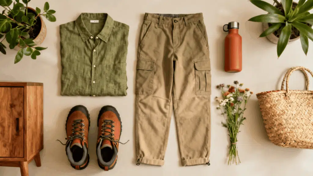 naturecore aesthetic with linen clothing hiking boots indoor plants and earthy natural color palette