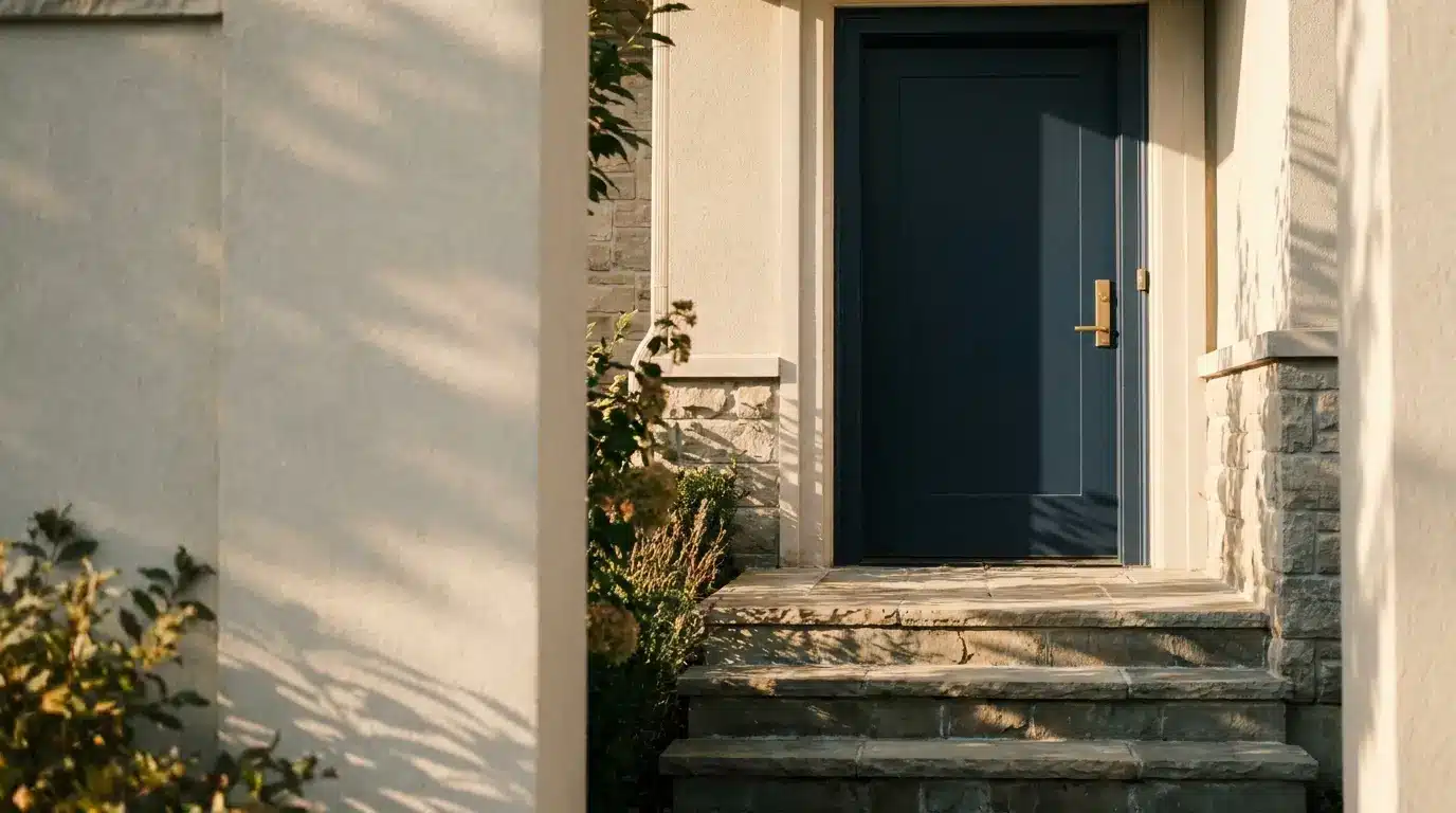 Dark blue front door with stone steps and light beige walls in warm sunlight