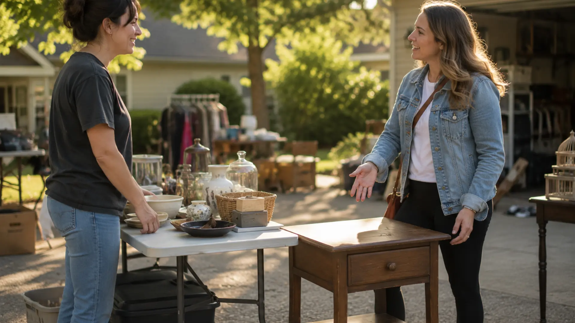 a candid lifestyle photograph of two people at an outdoor garage sale on a sunny morning, with the seller standing relaxed behind a folding table and the buyer gesturing gently toward a wooden side table with friendly open body language while both people appear calm and mid conversation, soft morning sunlight filtering through nearby trees creating warm dappled light, and a blurred background of garage sale items and a residential driveway visible behind them