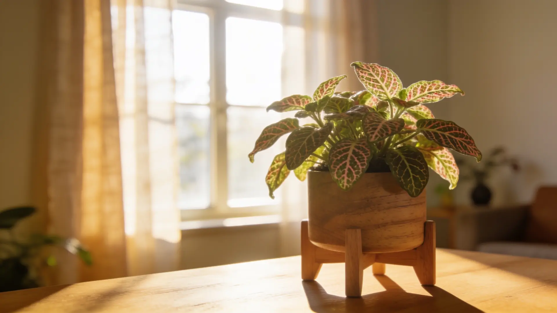 compact fittonia plant showing green leaves with clear white pink and red veins near a bright window