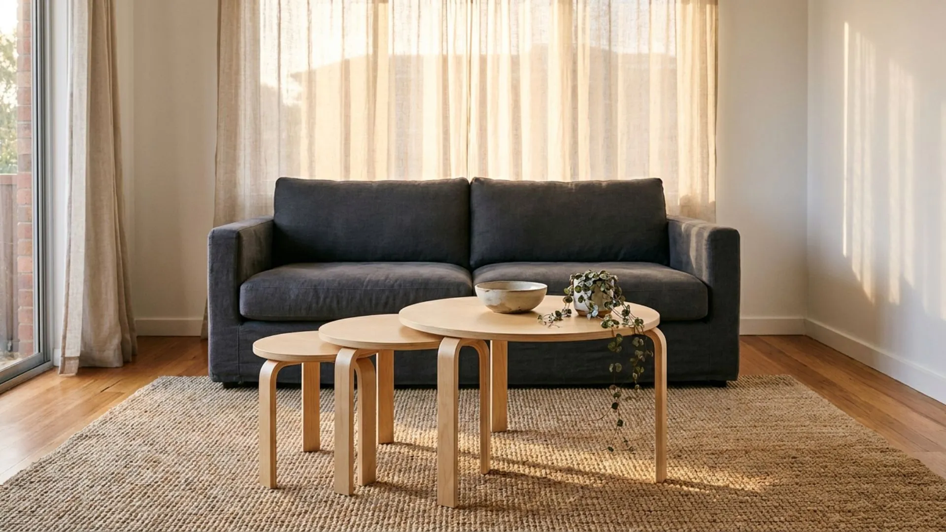 round nesting coffee tables placed before a gray sofa in a bright minimalist studio living room