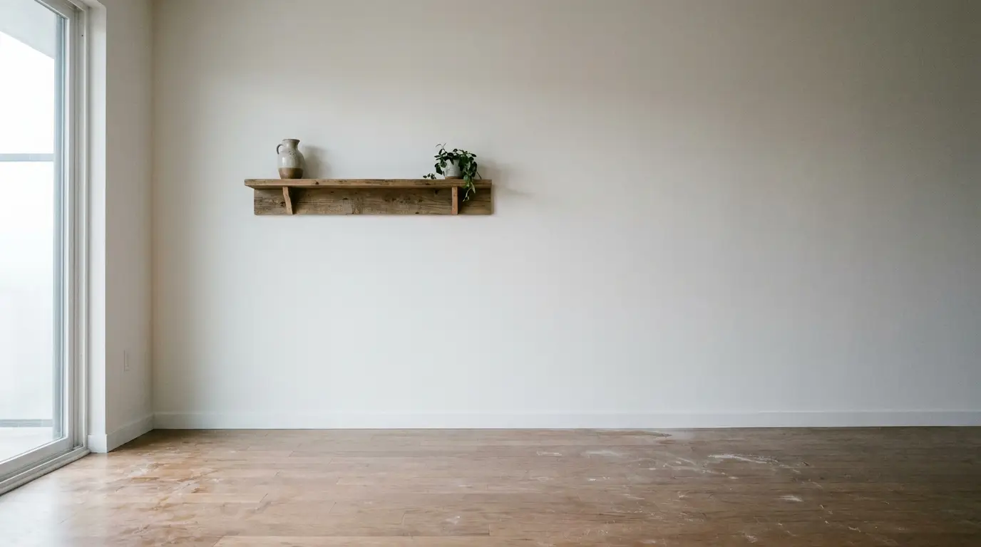 Wooden shelf with vase and plant on minimalist white wall in bright room