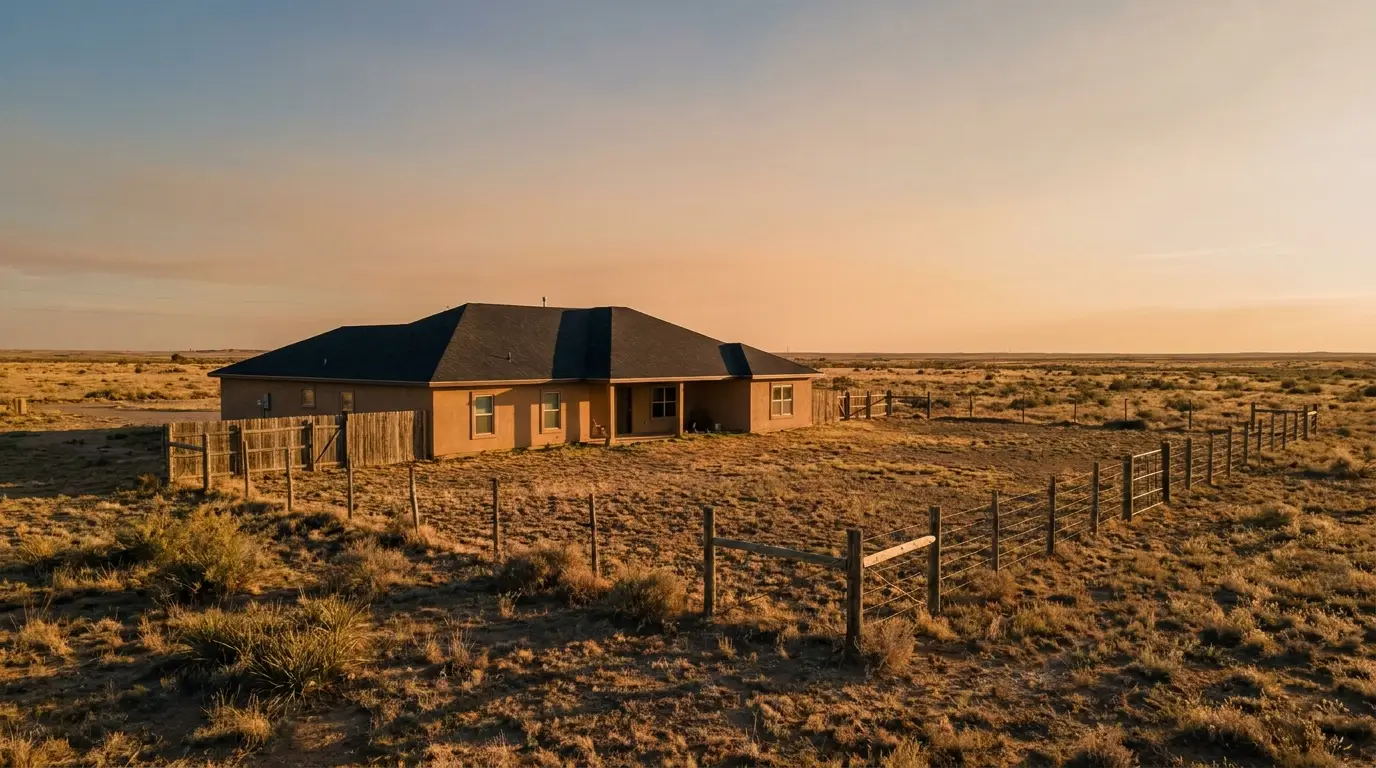 Single-story ranch house with fenced yard in a vast arid landscape at sunset