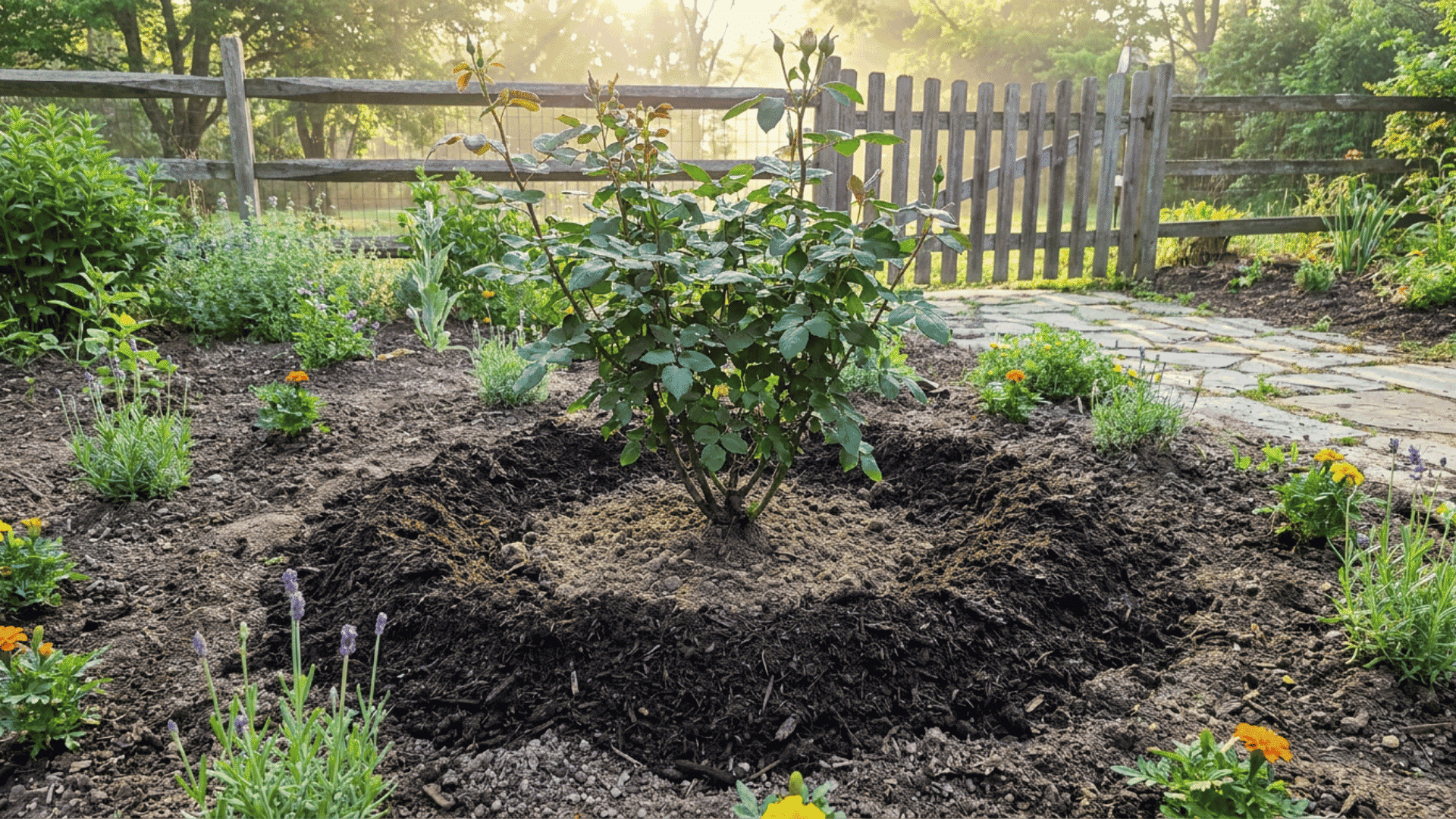 Newly planted rose bush surrounded by a thick ring of organic mulch in a sunny garden bed, helping retain moisture and protect roots while keeping mulch away from the base of the canes.