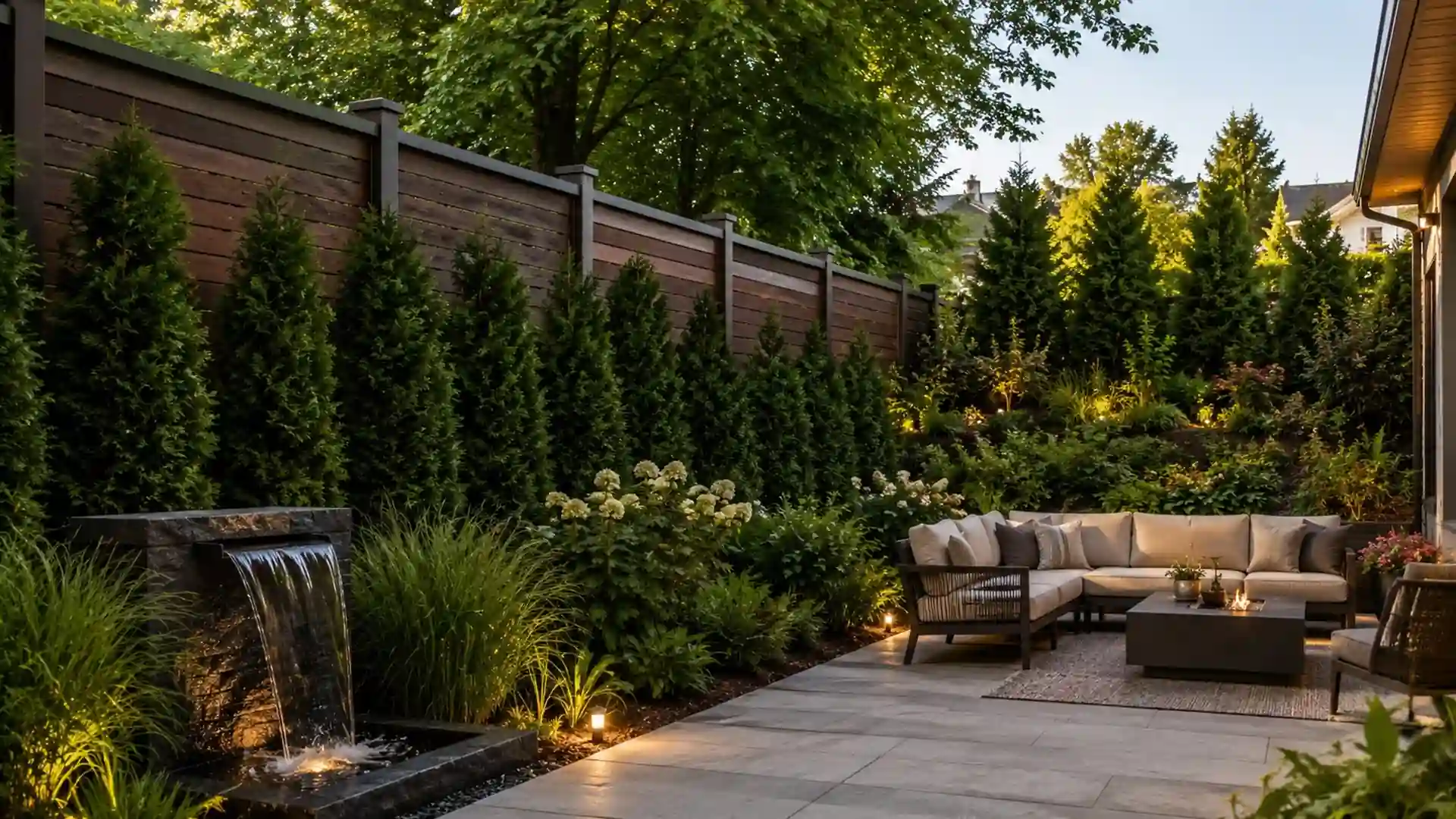 quiet backyard with acoustic wood fence, evergreen shrubs, water fountain, and cozy outdoor seating area at dusk