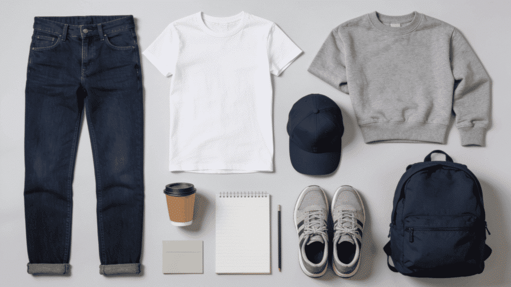 normcore aesthetic with plain tshirt straight leg jeans everyday sneakers and casual wardrobe basics