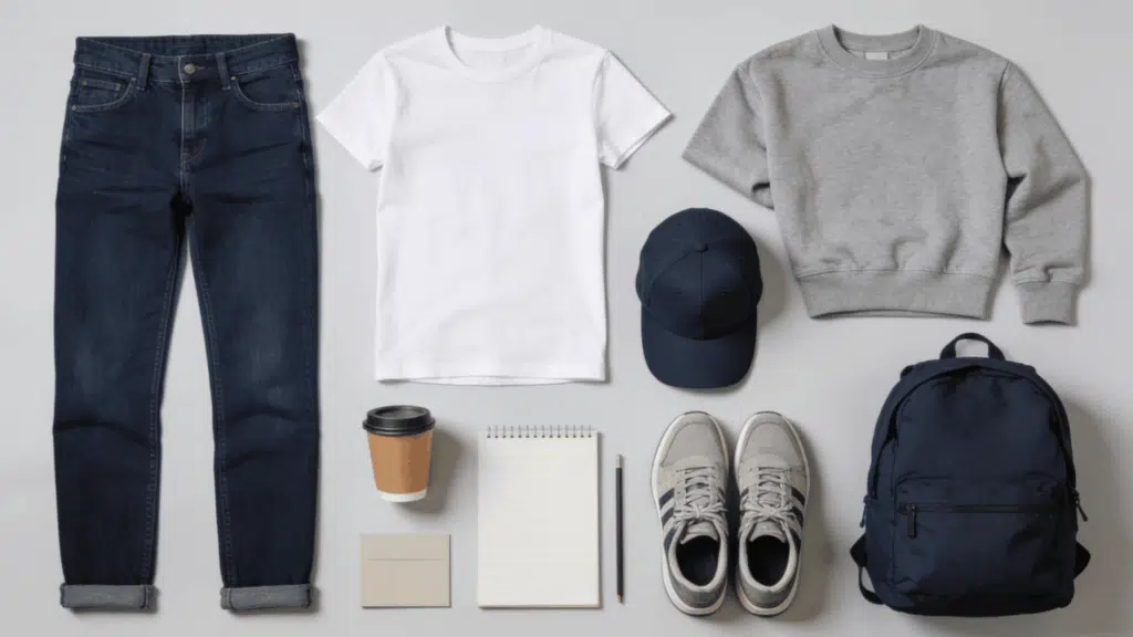 normcore aesthetic with plain tshirt straight leg jeans everyday sneakers and casual wardrobe basics
