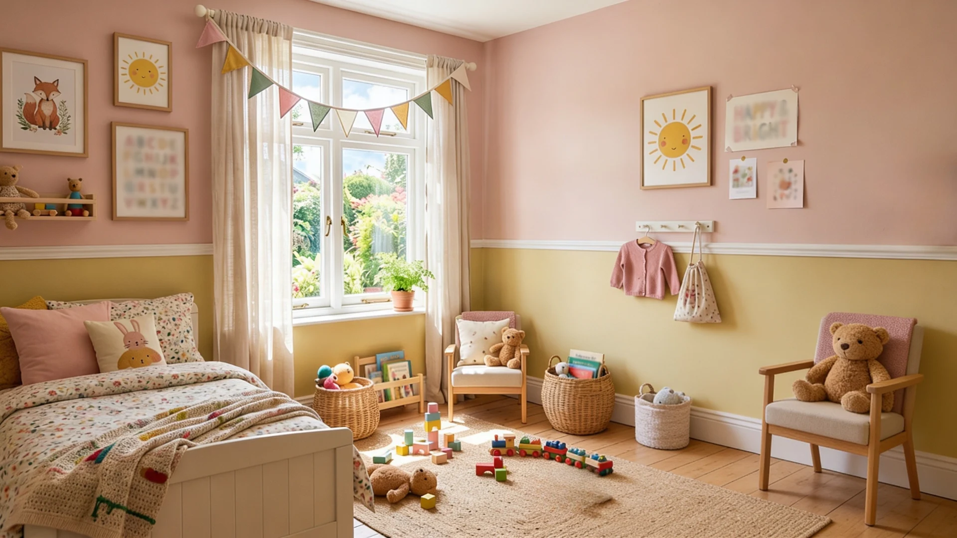 Nursery room with pink and yellow walls, a white wooden bed, light wood furniture, wicker storage baskets, and scattered wooden toys on a jute rug