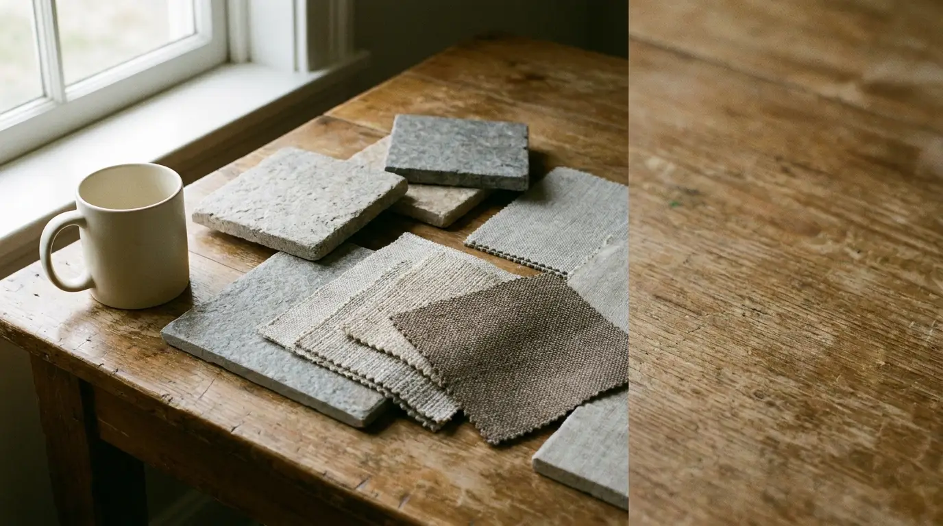 Fabric and stone samples on wooden table near window with white mug