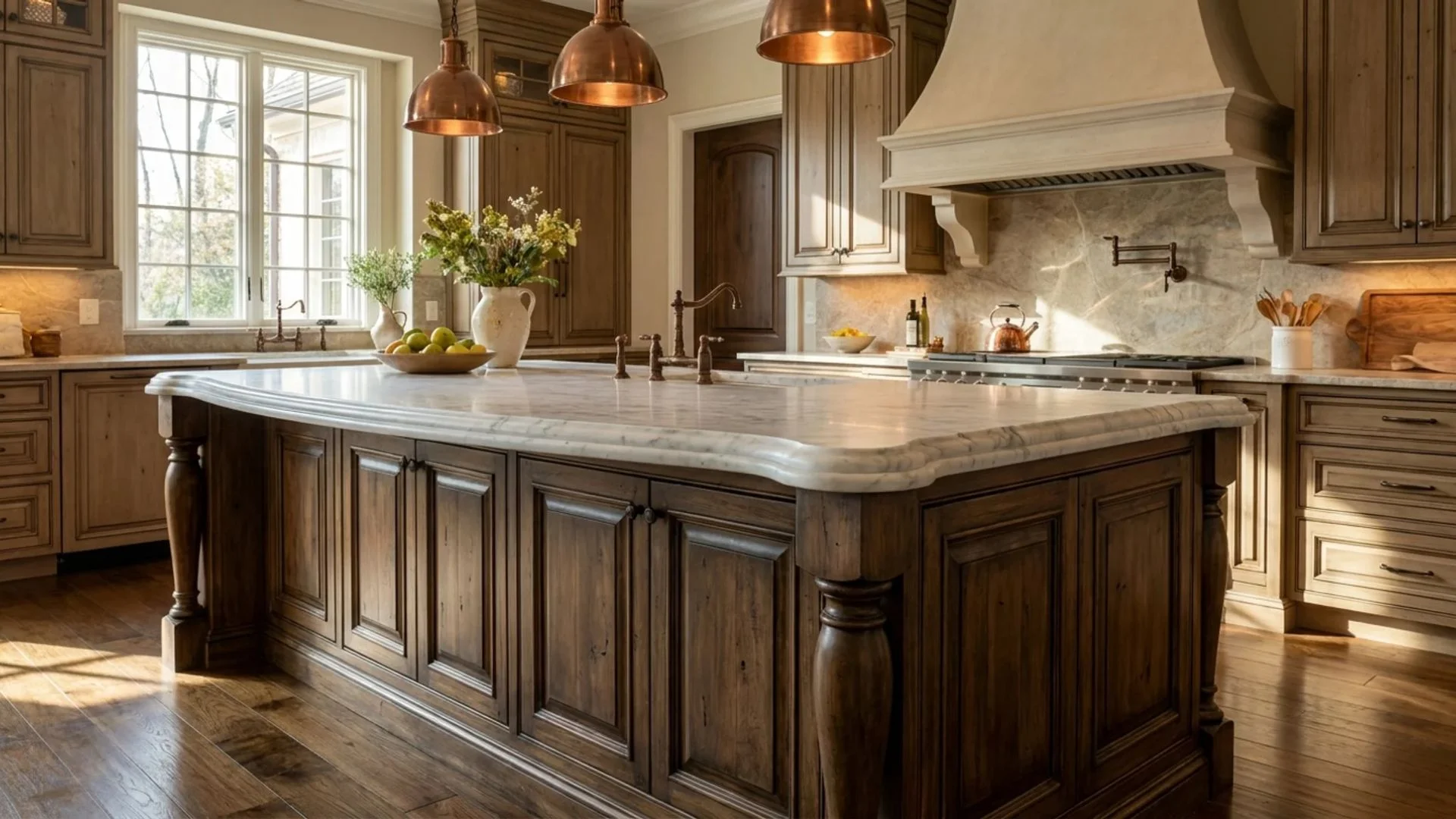 ogee countertop edge detail on marble island with rustic wood cabinets and copper pendants