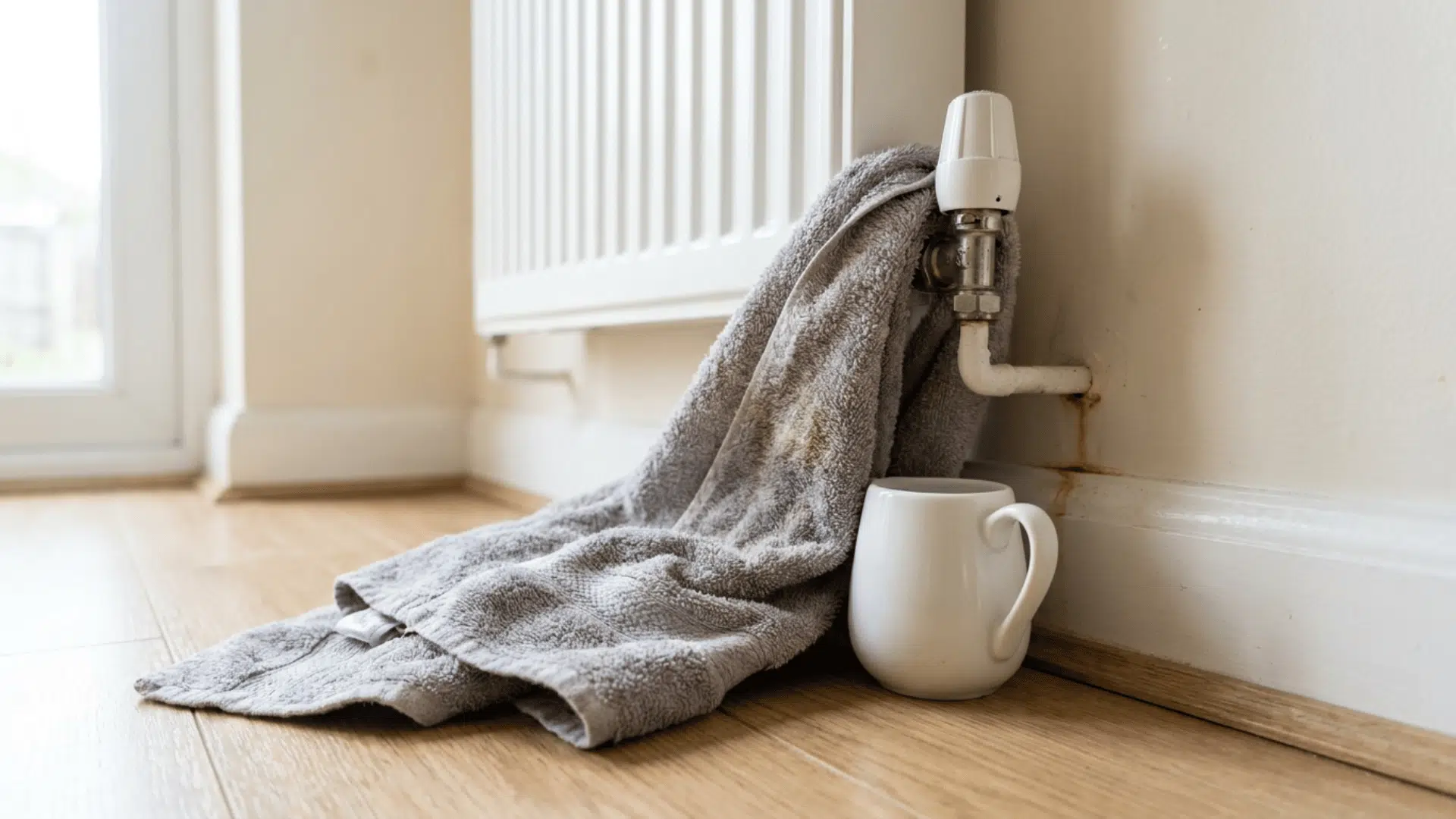 old towel and small jug set under a radiator valve ready to catch drips during bleeding