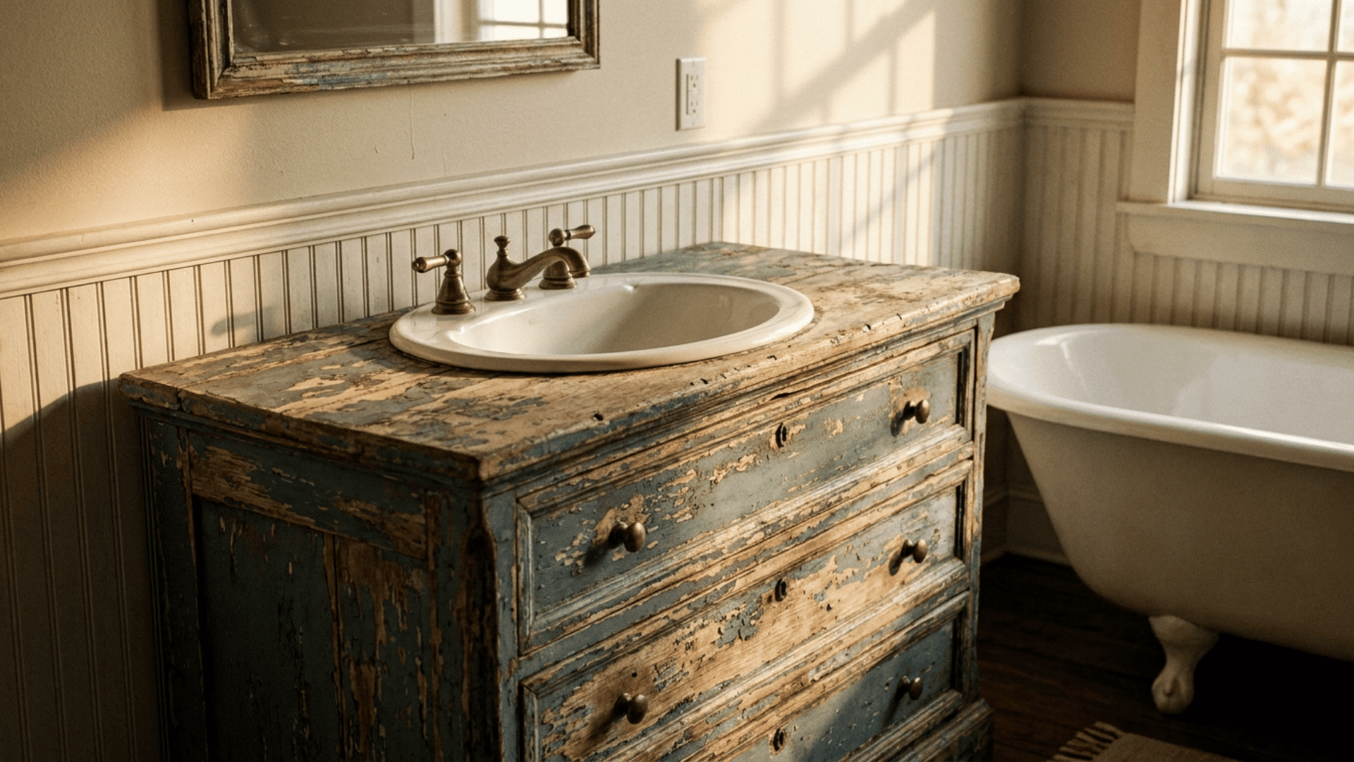 old wooden dresser repurposed into a bathroom vanity with a sink cut into the top and notched drawers