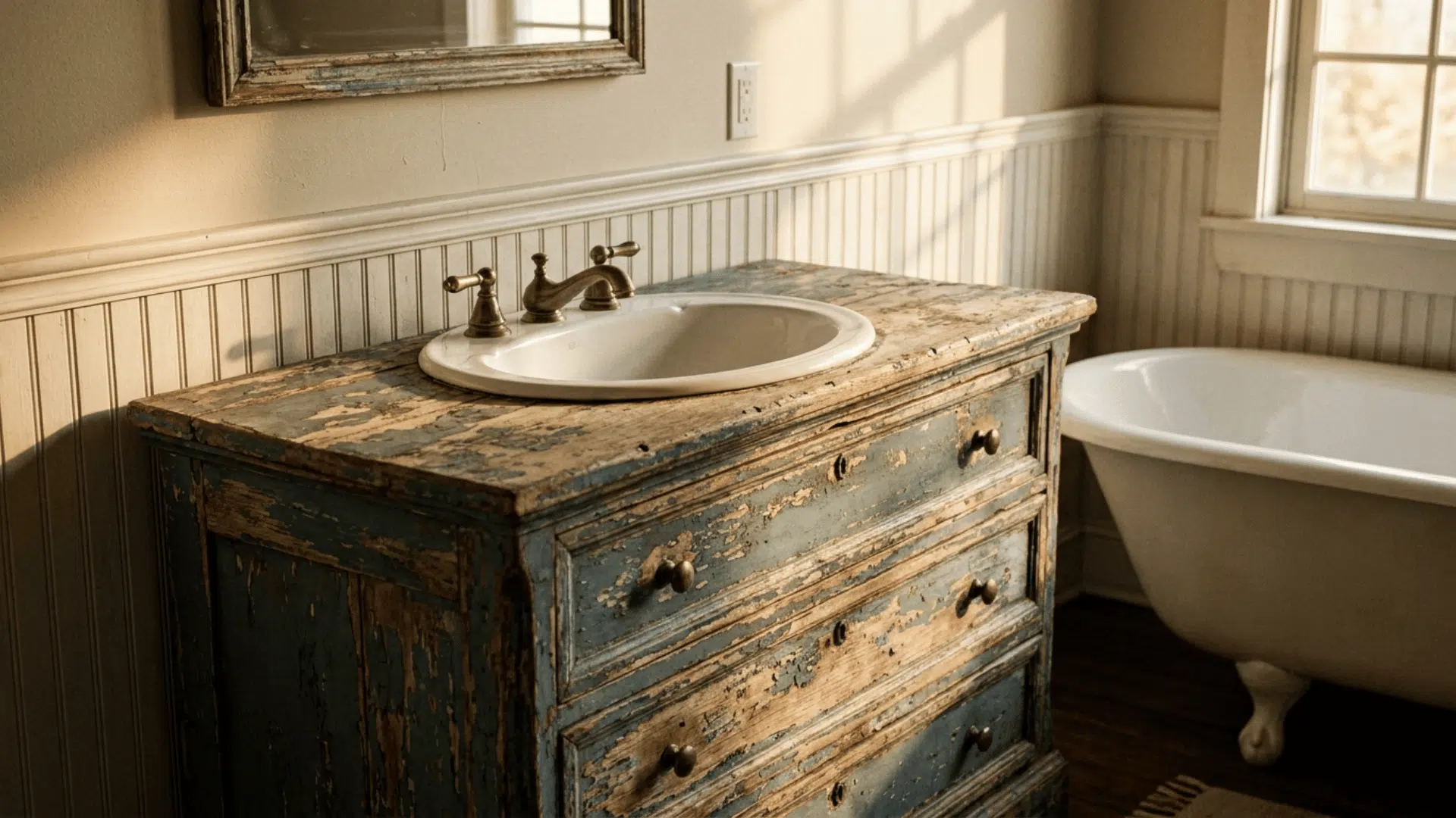 old wooden dresser repurposed into a bathroom vanity with a sink cut into the top and notched drawers