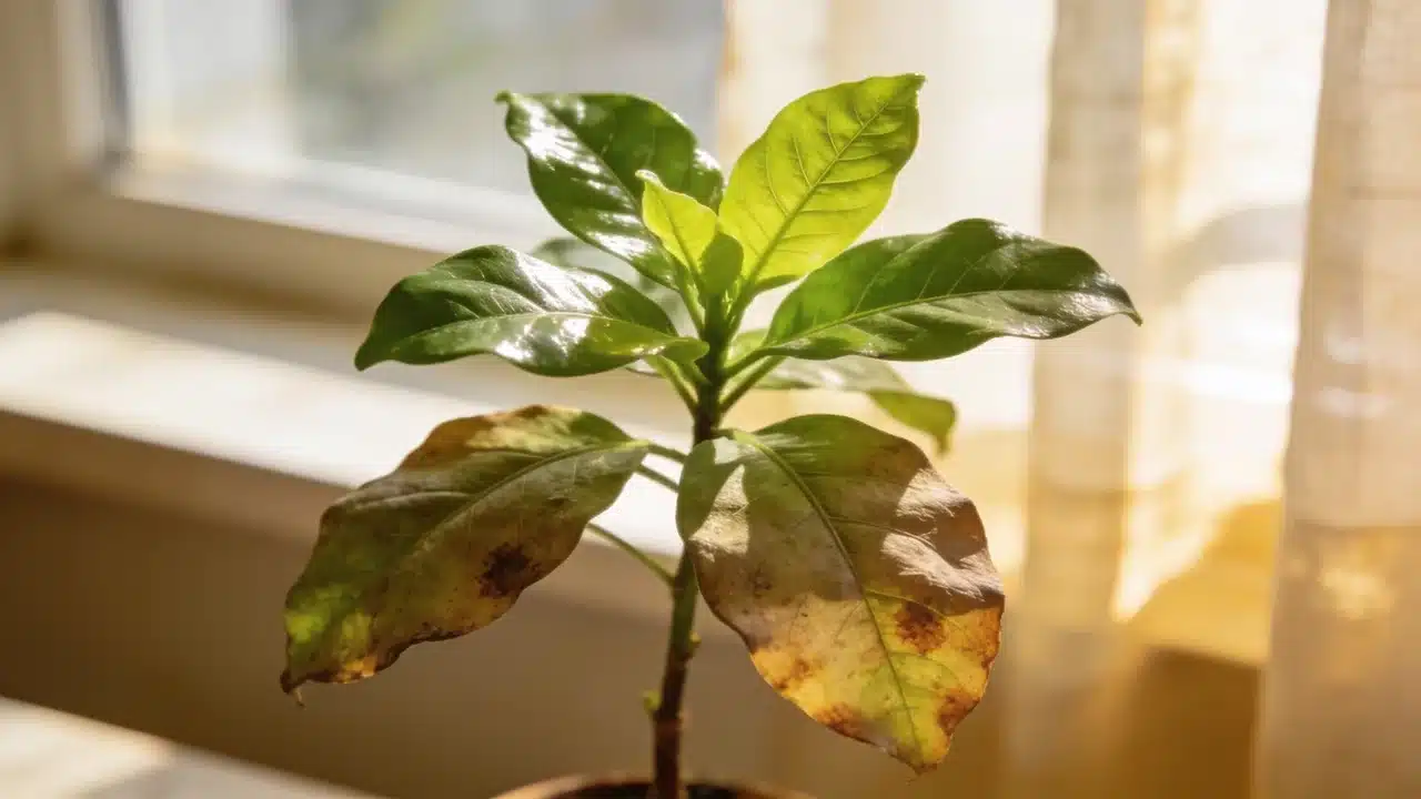 older lower leaves turning yellow and brown while new green leaves grow at the top