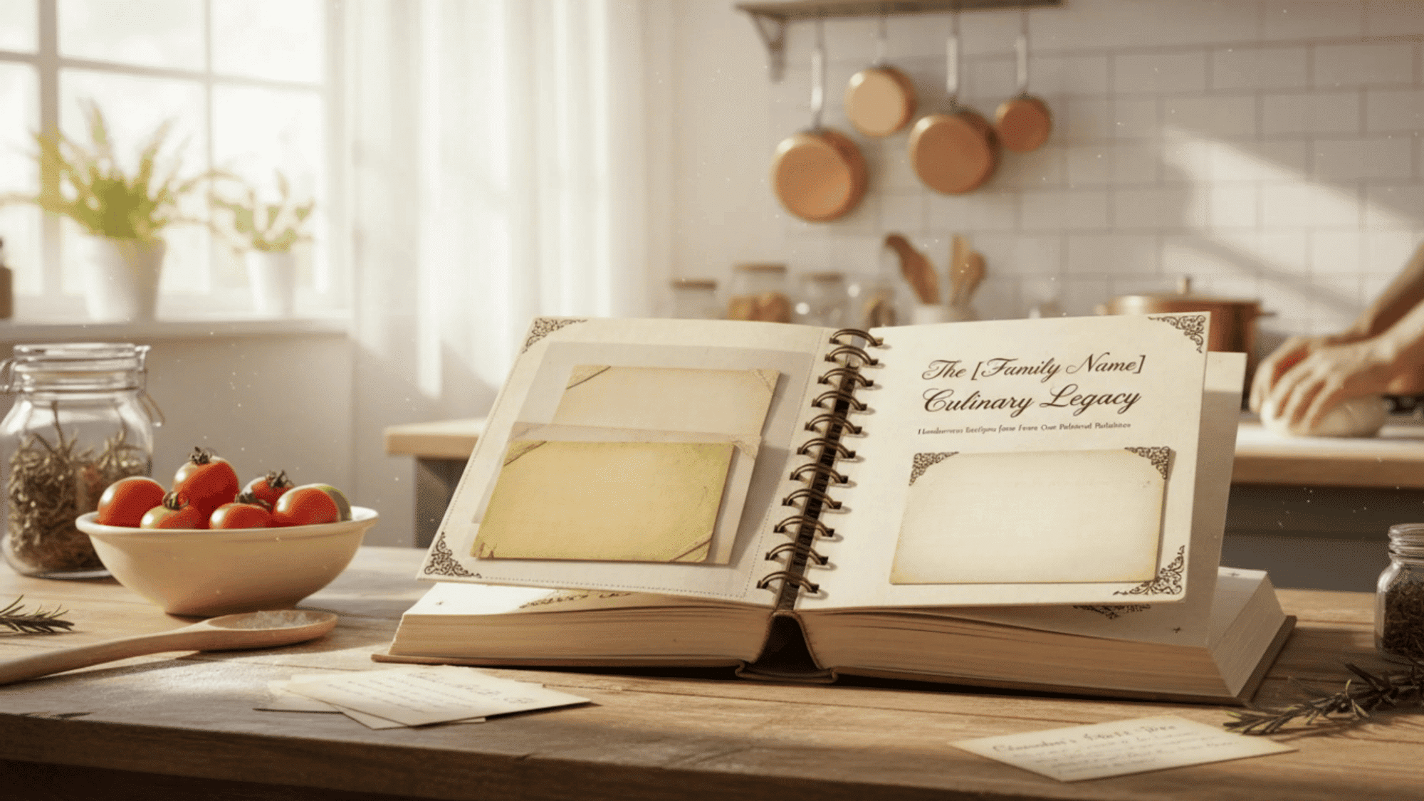 open handmade family recipe book with handwritten pages on a rustic wooden kitchen table