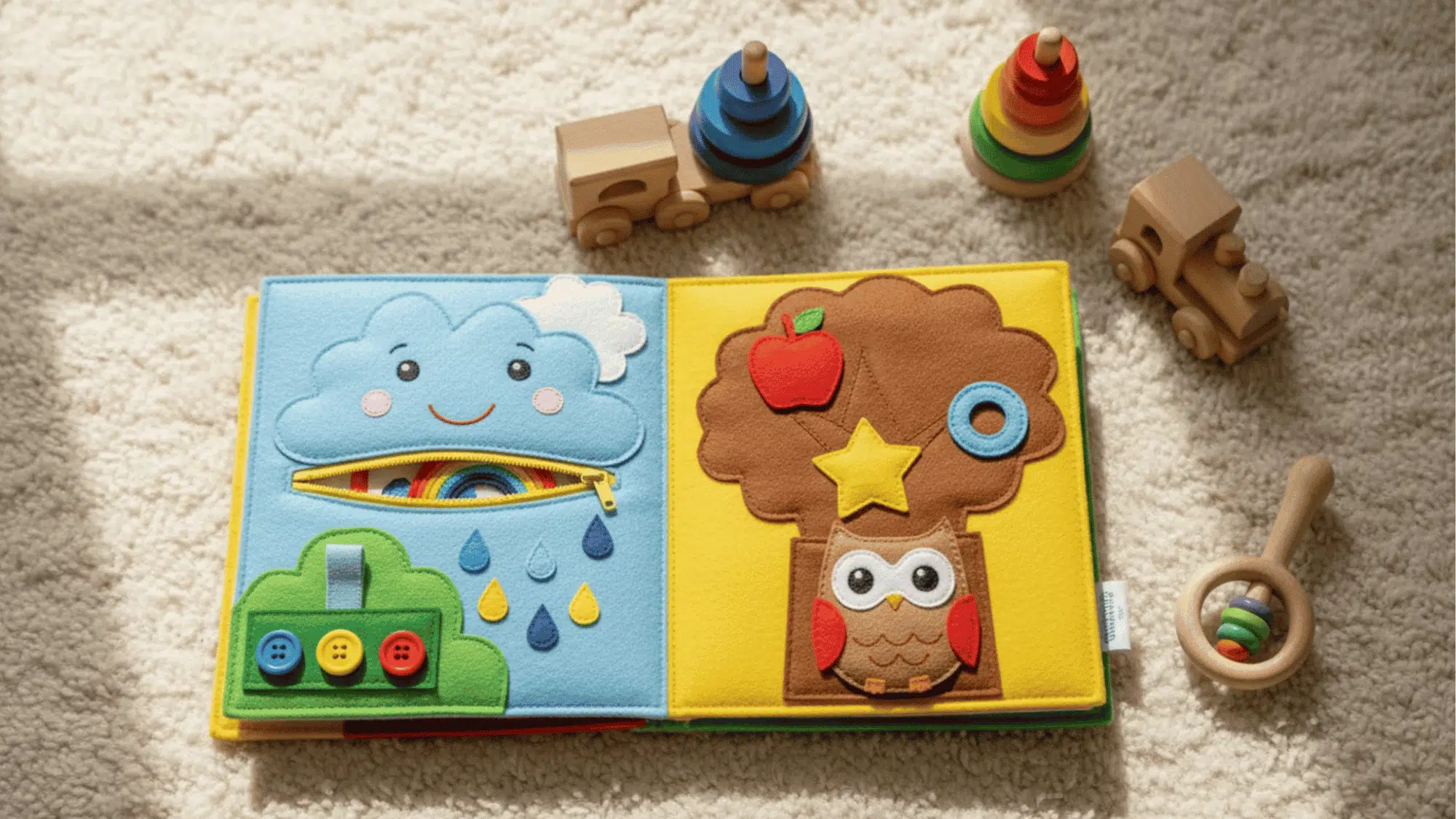 open handmade felt quiet book with interactive pages on a soft rug with wooden toys