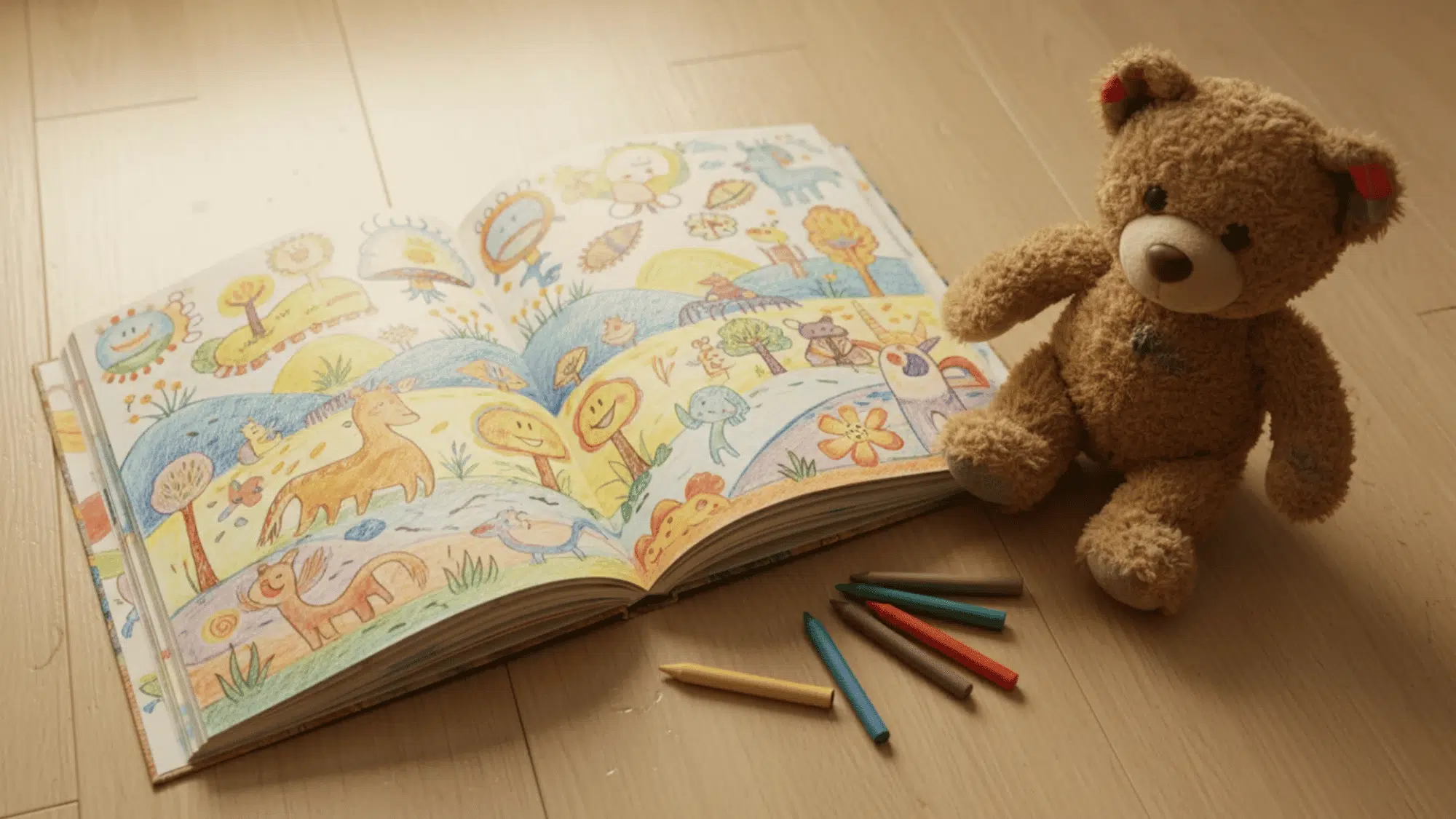 open handmade illustrated storybook on a wooden floor with crayons and a stuffed toy