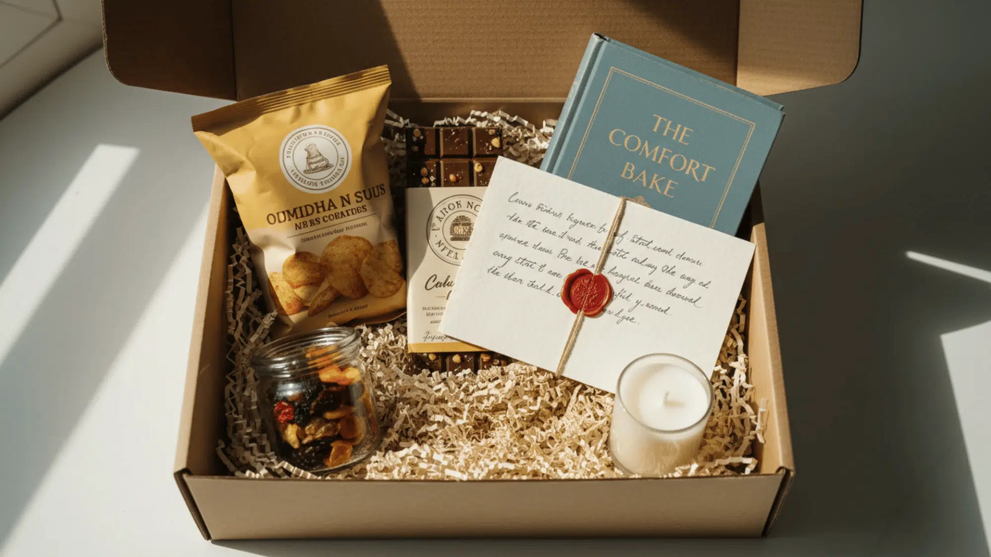 open kraft box filled with snacks, a letter, candle, and book on shredded paper