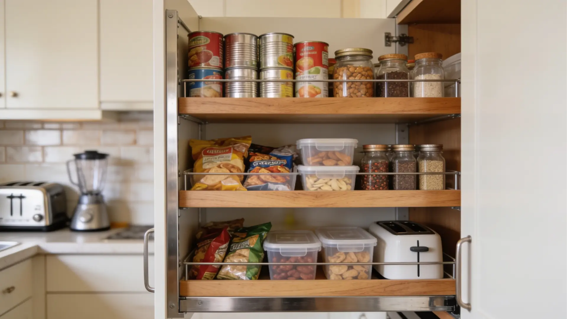 open pantry cabinet with organized food