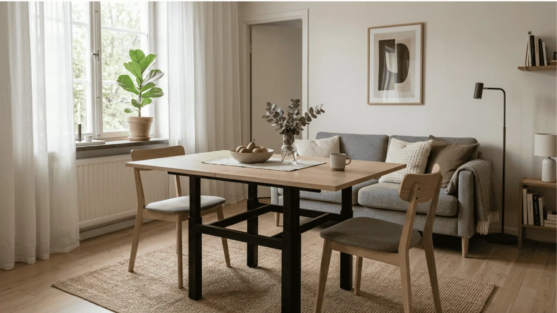 open plan apartment with a height adjustable wooden dining table and two chairs near a grey sofa and fiddle leaf fig plant