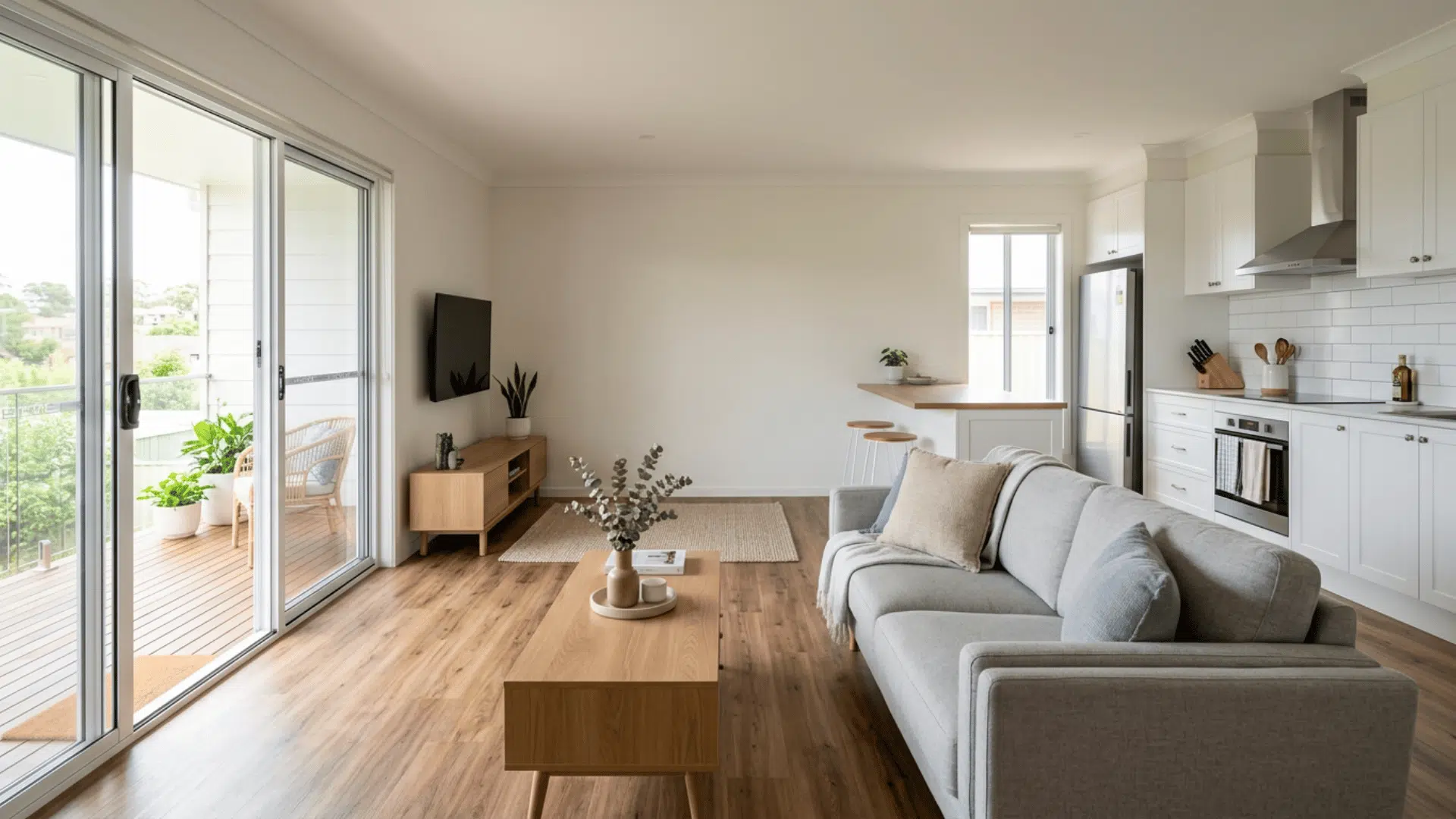open plan living room kitchen and balcony with gray sofa wood table white cabinets and large sliding doors