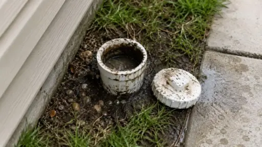 open residential sewer cleanout pipe with dirty standing water beside wet soil, grass, and a suburban concrete walkway