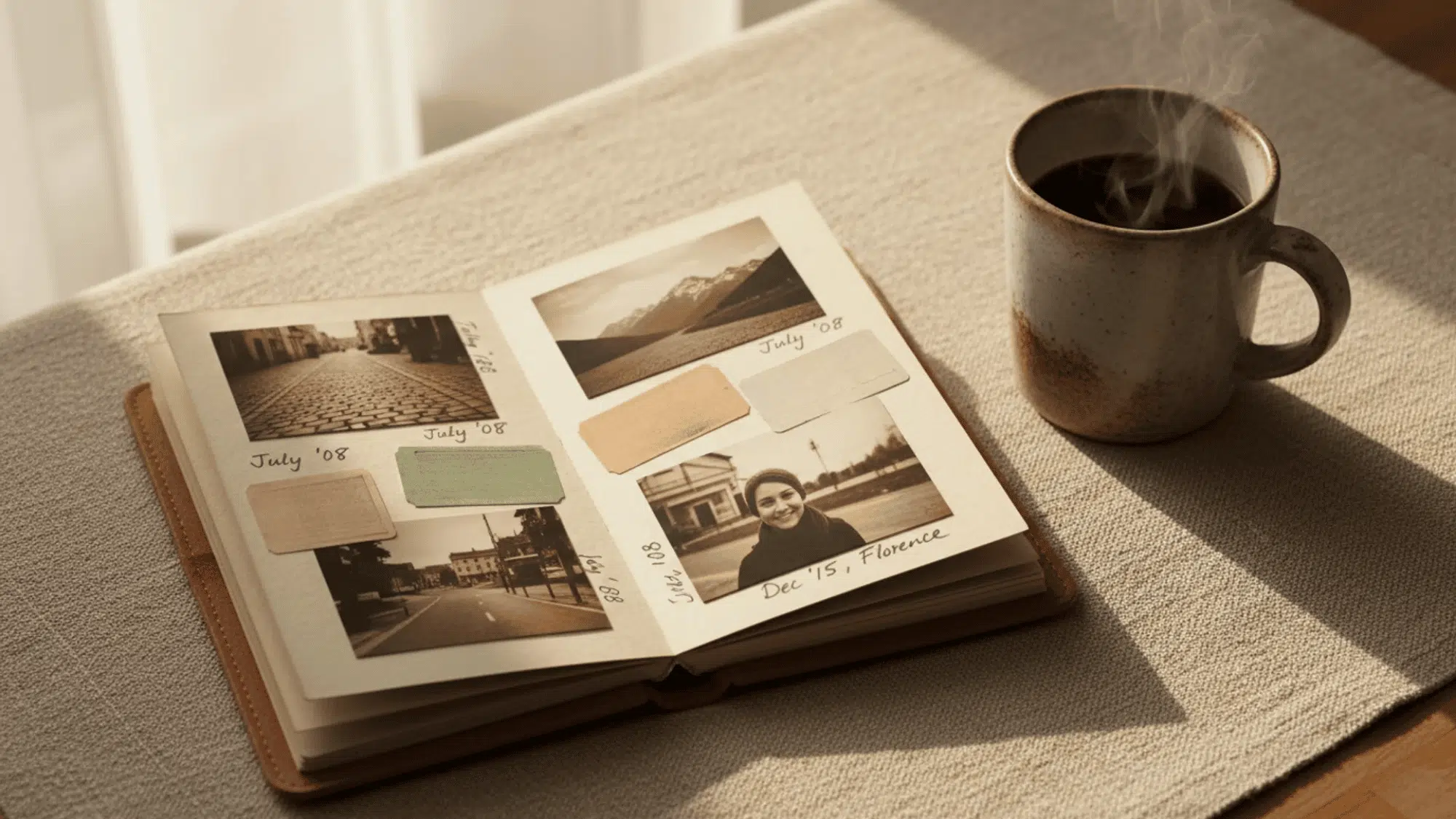 open scrapbook displaying vintage family photos with handwritten captions