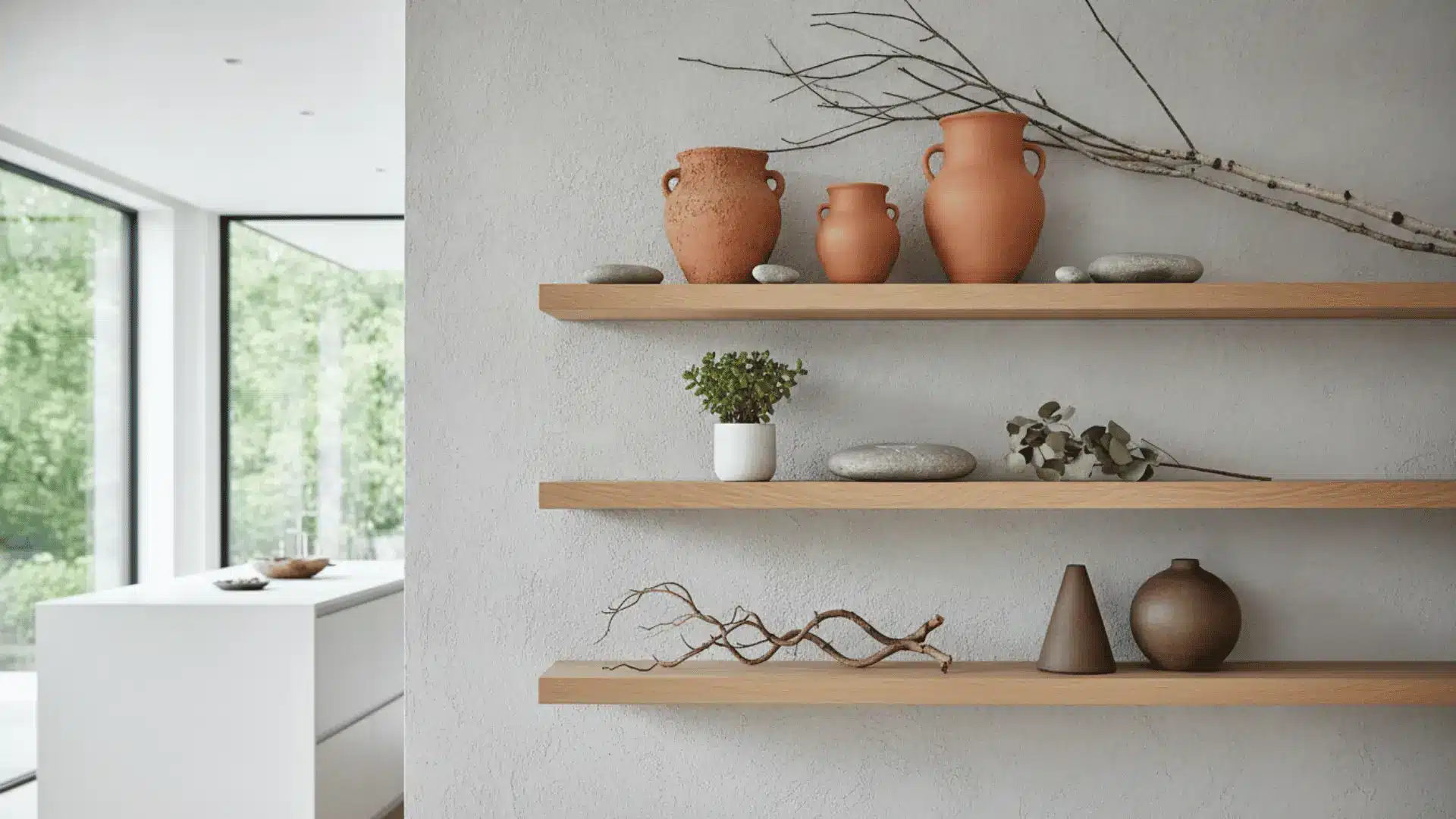 minimal wood shelves with terracotta vases smooth stones dried branches small plants and a bright kitchen view