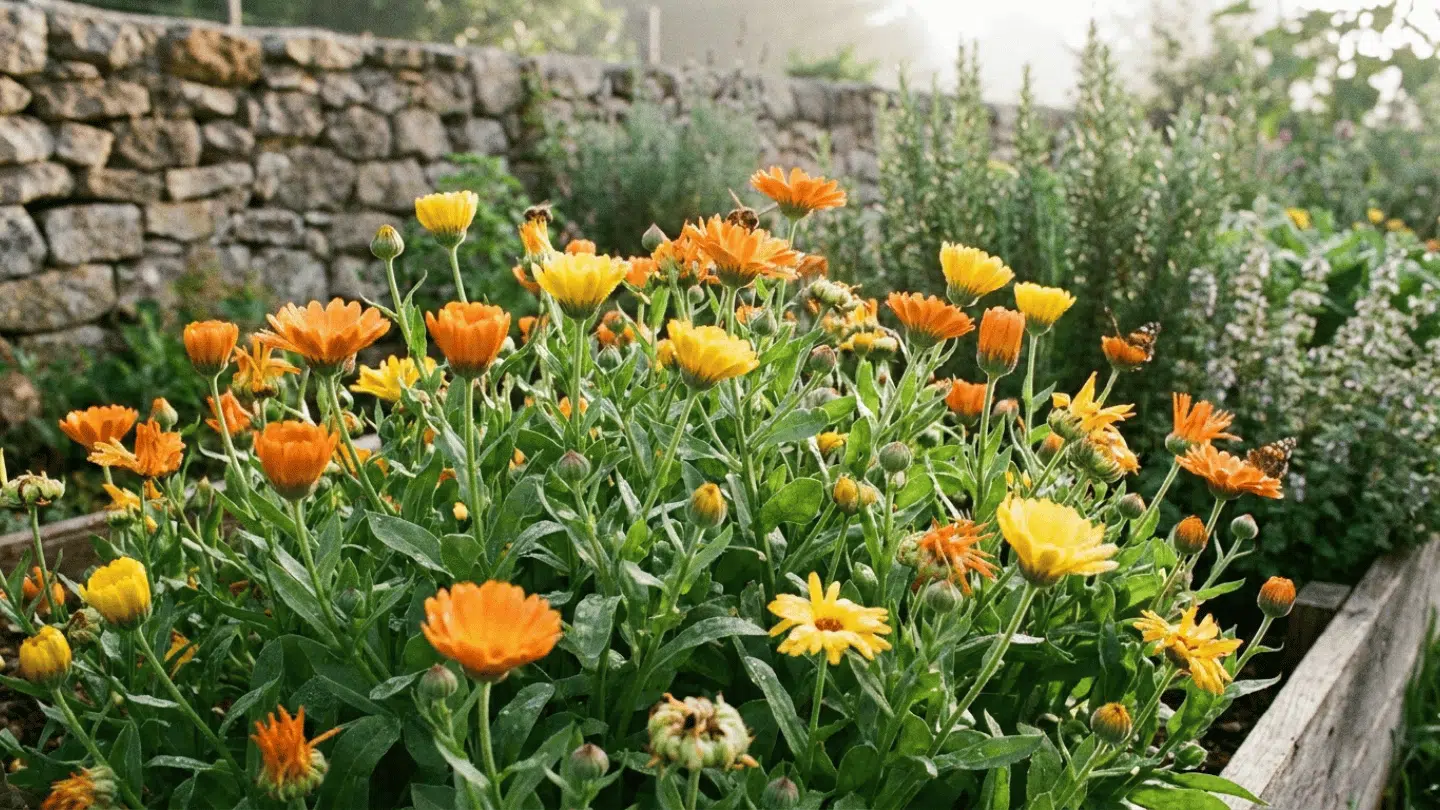 orange and yellow flowers blooming in a raised garden bed beside a rustic stone wall in warm morning sunlight
