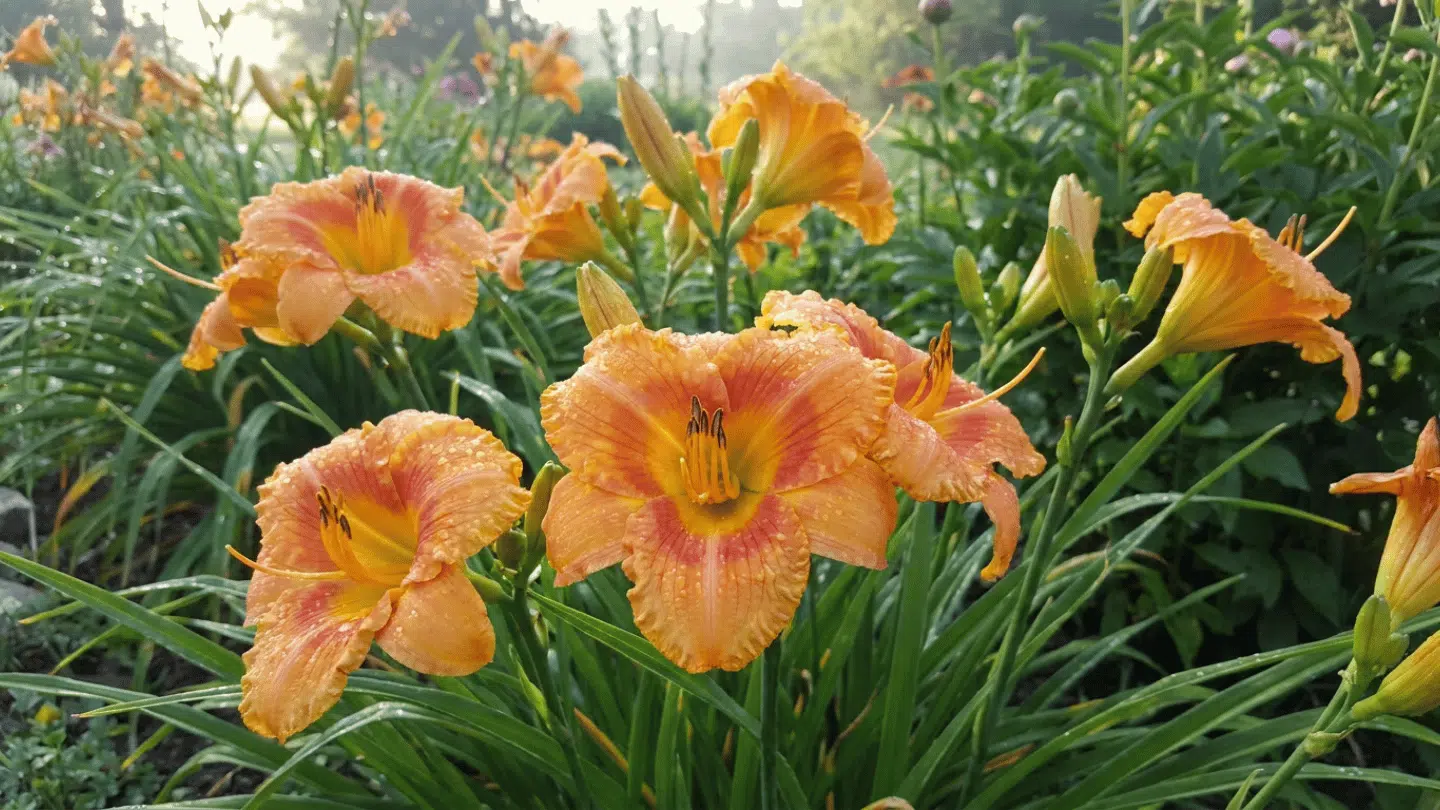 orange daylily flowers covered with morning dew blooming among lush green leaves in a peaceful garden setting