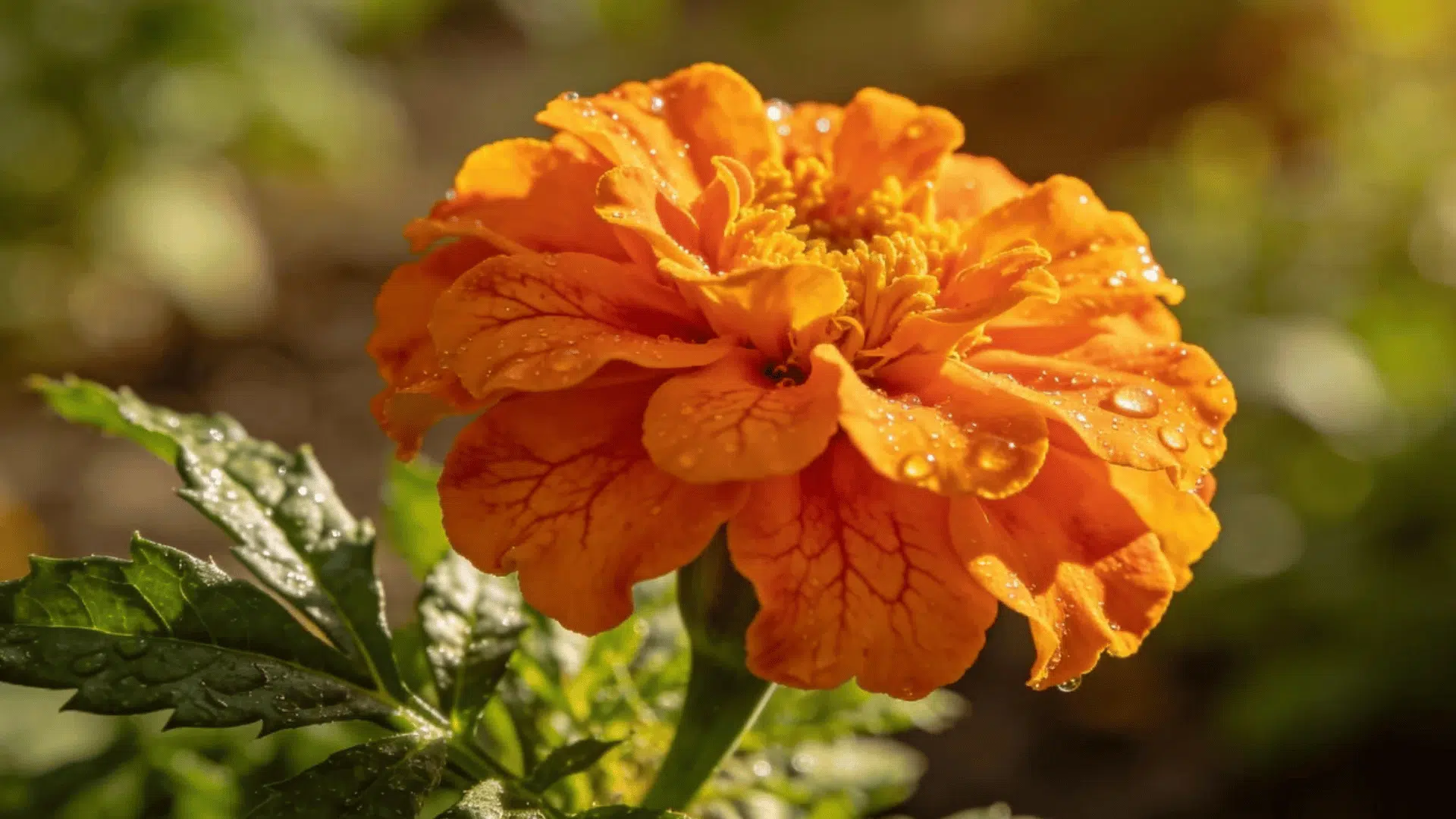 orange marigold flower covered in water drops glowing in warm garden sunlight