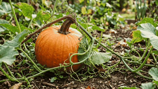 orange pumpkin growing on garden soil surrounded by green vines curling tendrils and broad leaves