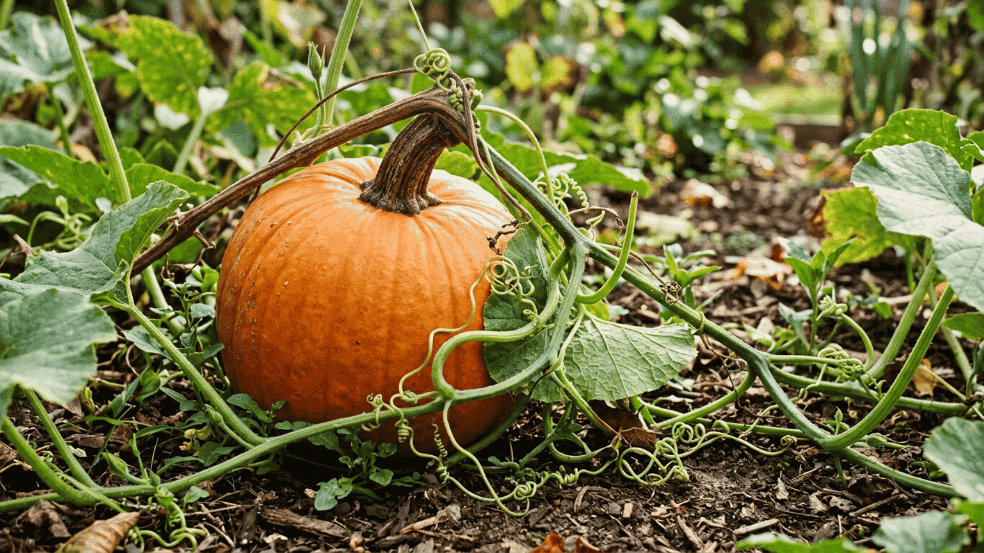 orange pumpkin growing on garden soil surrounded by green vines curling tendrils and broad leaves