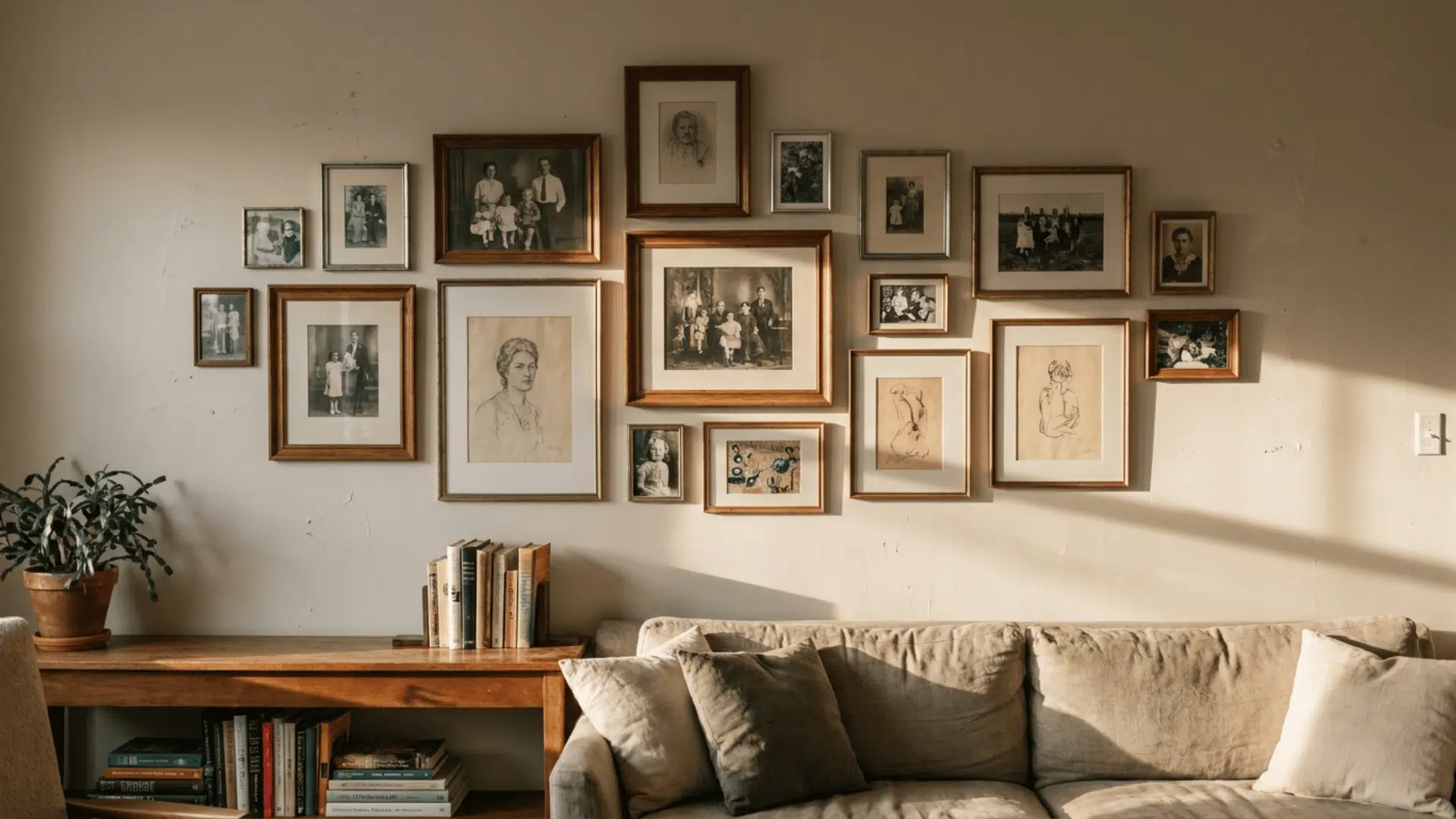 organic gallery wall with mixed frame sizes and personal artwork in cozy living room