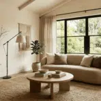 organic modern living room with curved sofa wood table stone accents linen curtains and greenery outside