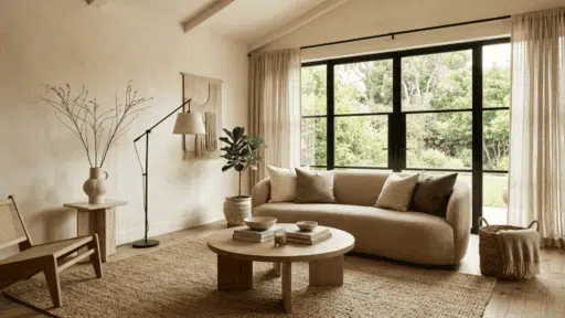 organic modern living room with curved sofa wood table stone accents linen curtains and greenery outside