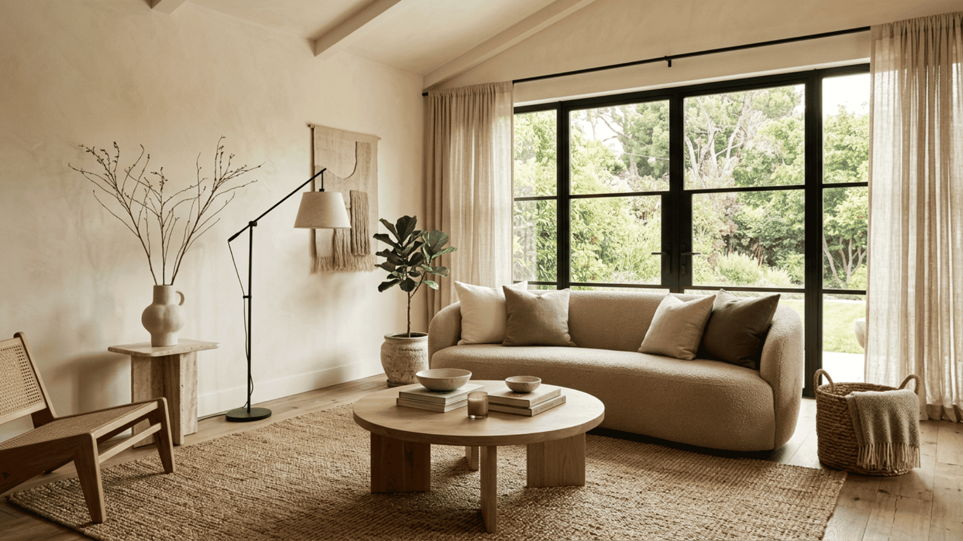 organic modern living room with curved sofa wood table stone accents linen curtains and greenery outside