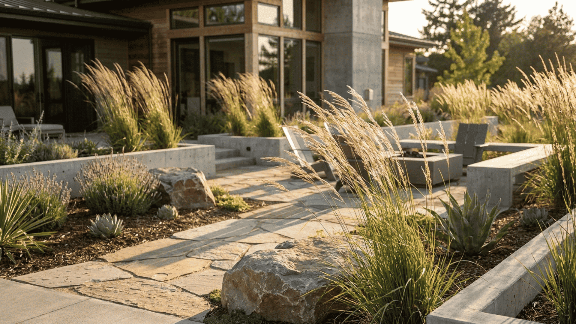 ornamental grasses tall flowing ornamental grasses swaying beside modern stone garden pathway