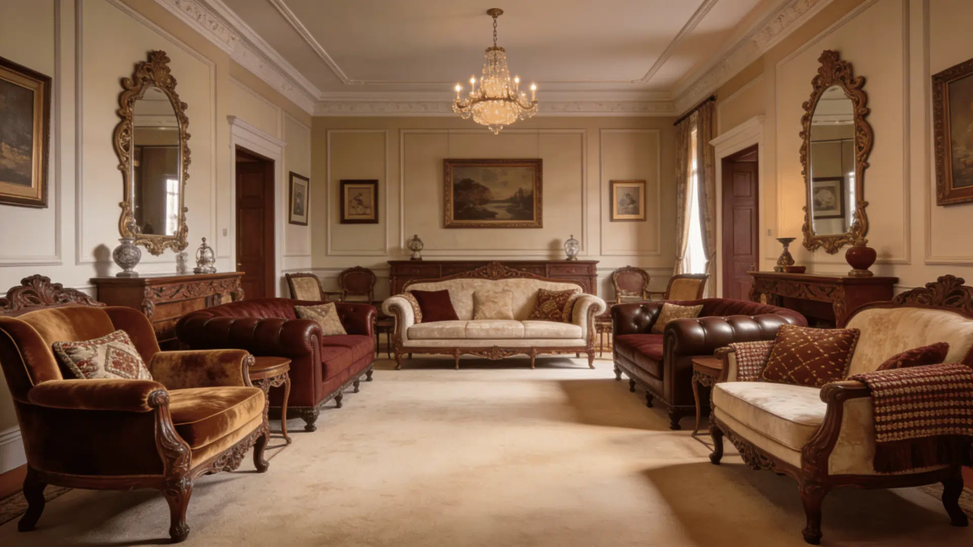 ornate formal drawing room with carved furniture symmetrical seating warm rich tones and classic decorative interior design